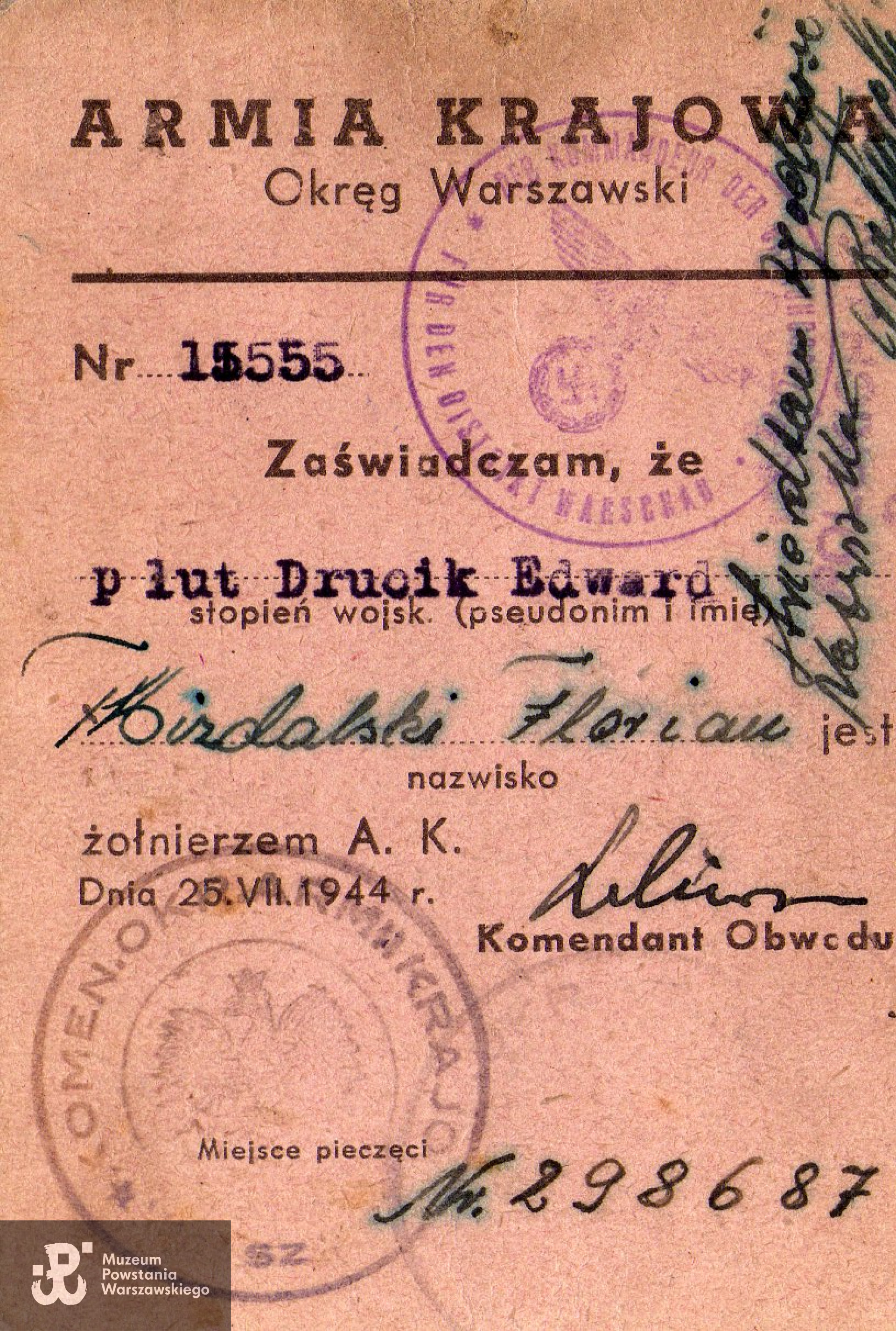 Należąca do  plut. Edwarda Mizdalskiego ps. "Drucik" legitymacja żołnierza AK. Skan dokumentu udostępniła p. Arleta Domińska-Lewandowska 