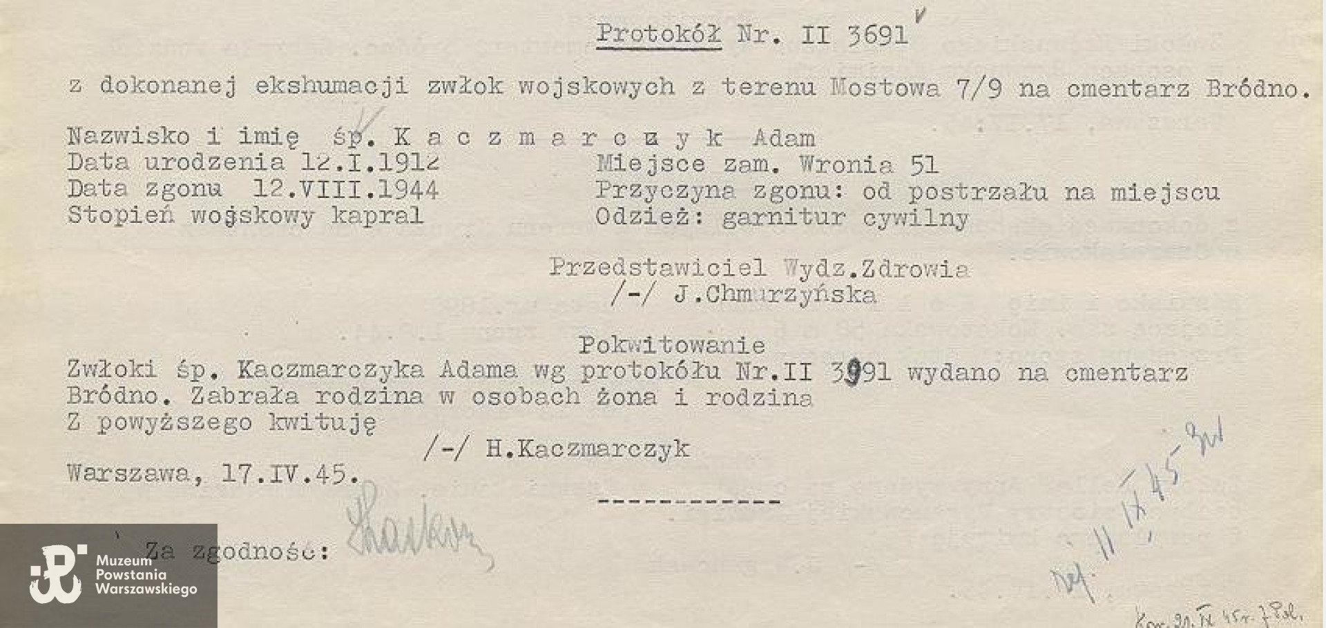 Lista strat 2385 PCK - fragment. 