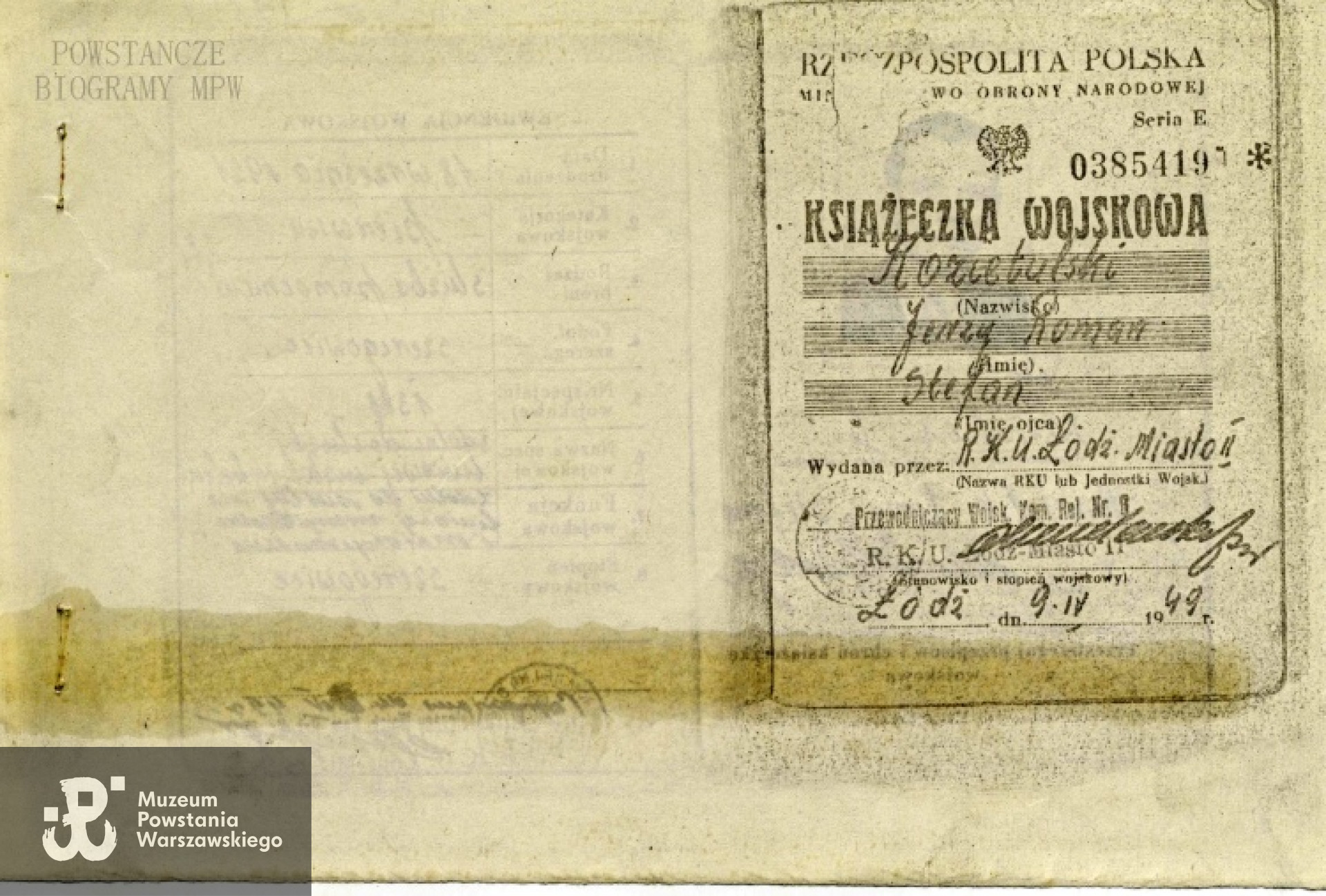 Książeczka Wojskowa Jerzego Kozietulskiego (zachowana kopia). Z archiwum rodzinnego Piotra Skarbka - Kozietulskiego