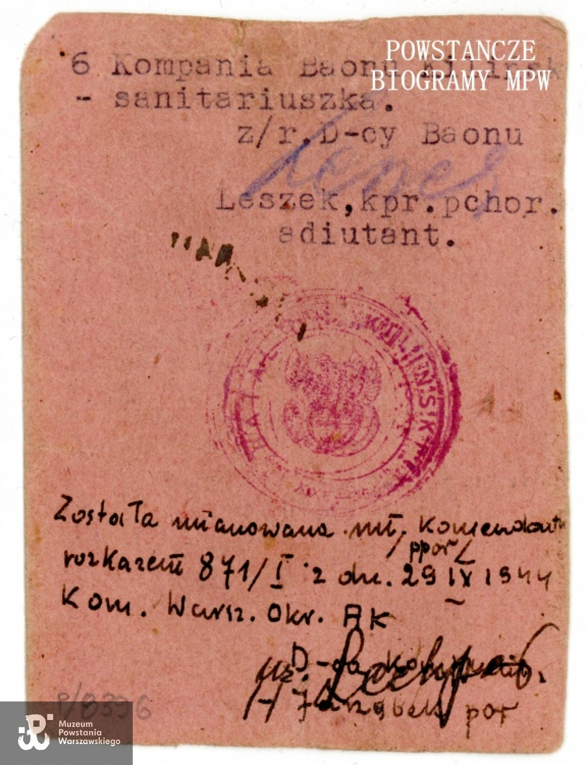 Należąca do Marii Lecewicz legitymacja Armii Krajowej. Ze zbiorów Muzeum Powstania Warszawskiego, sygn. P/8396