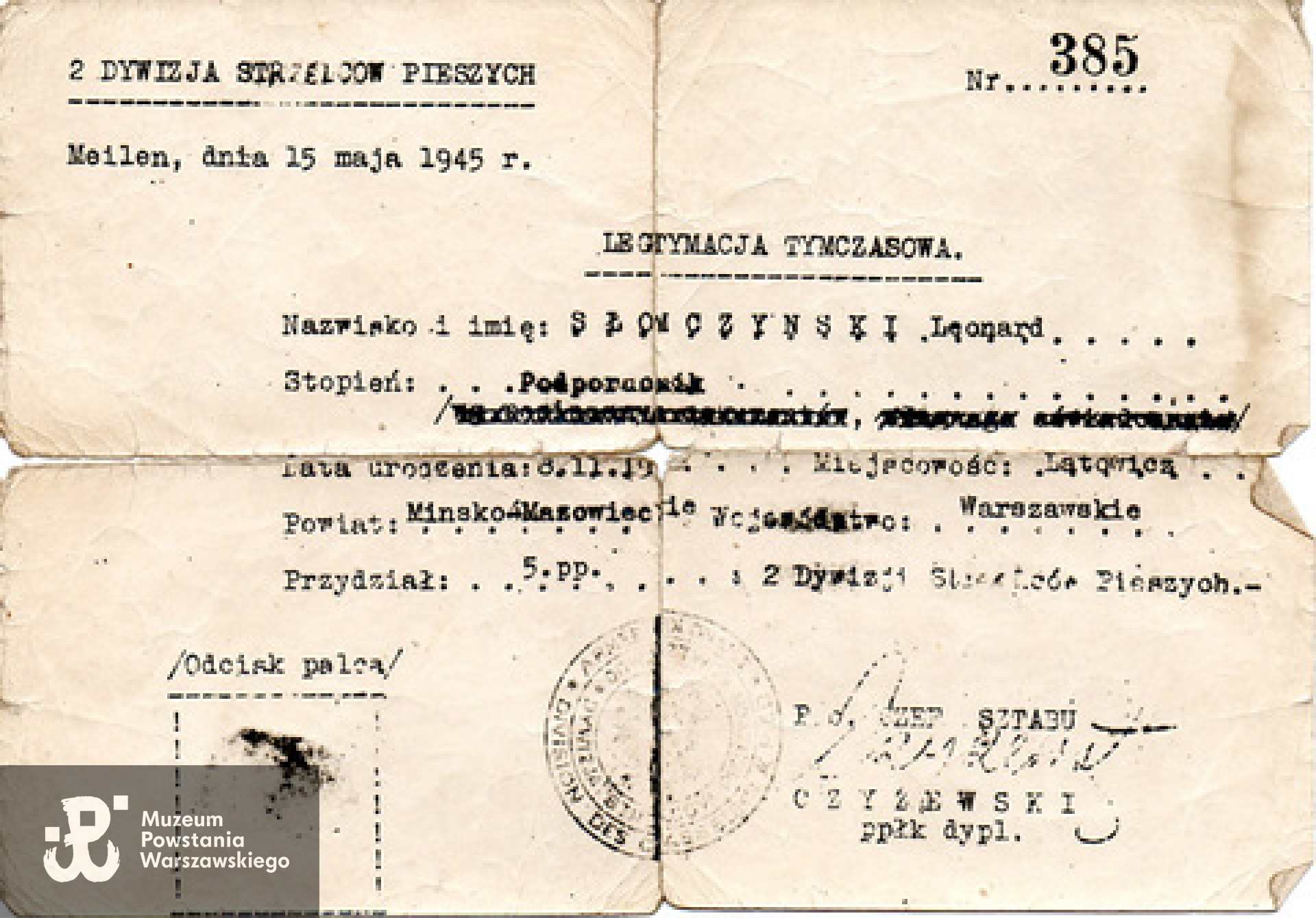 Legitymacja tymczasowa Leonarda Słomczyńskiego z 2 Dywizji Strzelców Pieszych w Meolem - 1945 rok. Ze zbiorów Archiwum 2 HBAP "Żbik" przekazane przez Marię Csik.