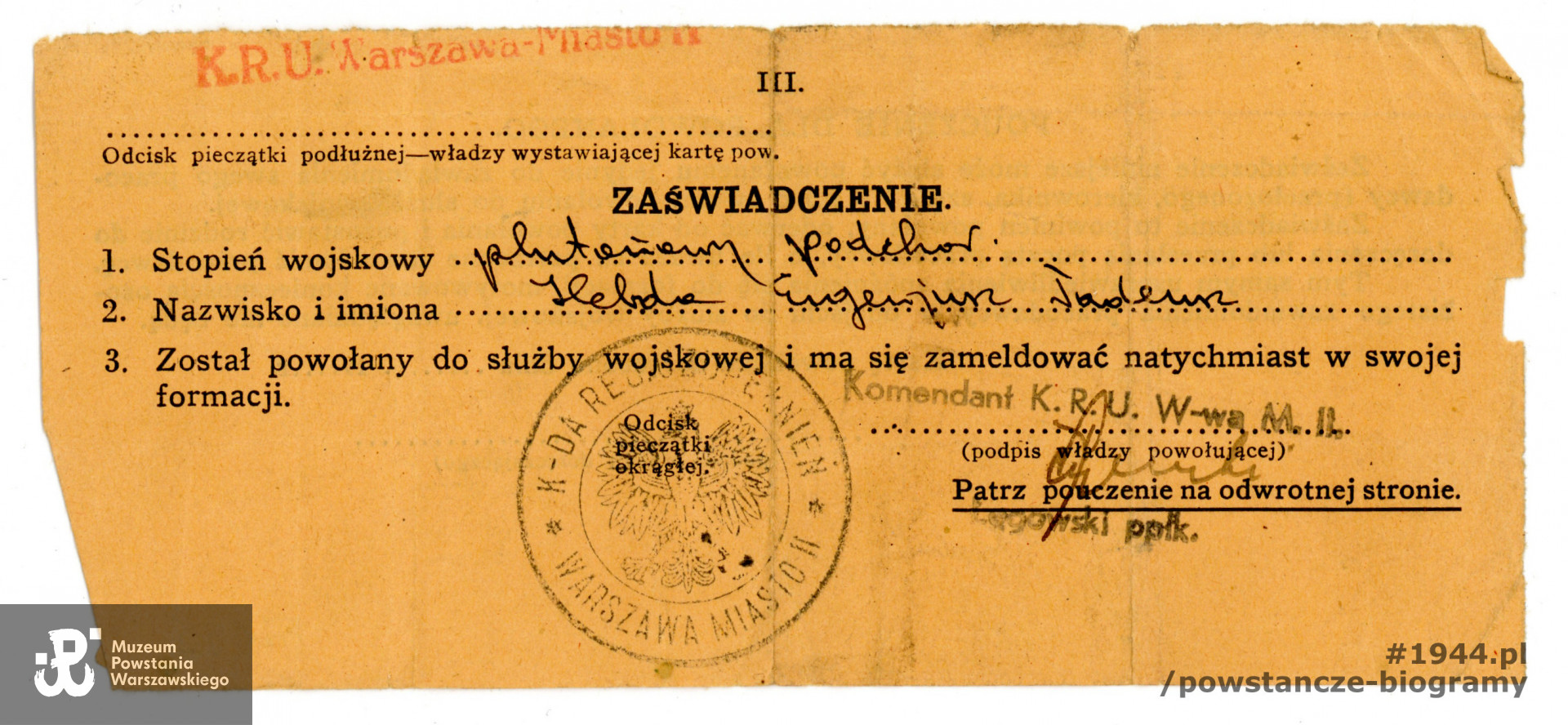 Zaświadczenie o powołaniu do służby wojskowej.  Ze zbiorów Muzeum Powstania Warszawskiego, sygn. P/7058