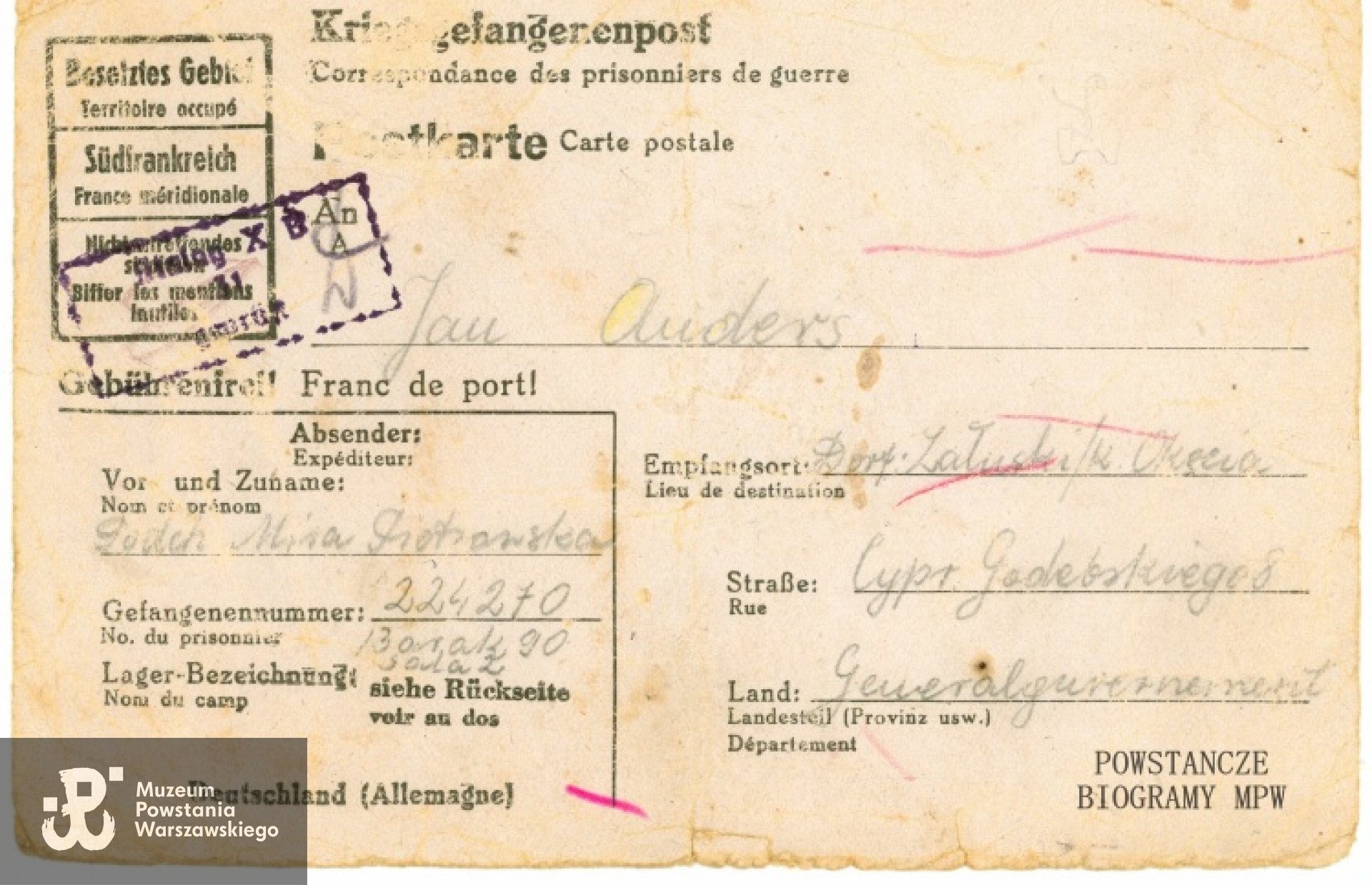 Korespondencja obozowa - list pchor. Miry Piotrowskiej wysłany do Jana Andersa ze Stalagu X B. Fot. archiwum rodzinne