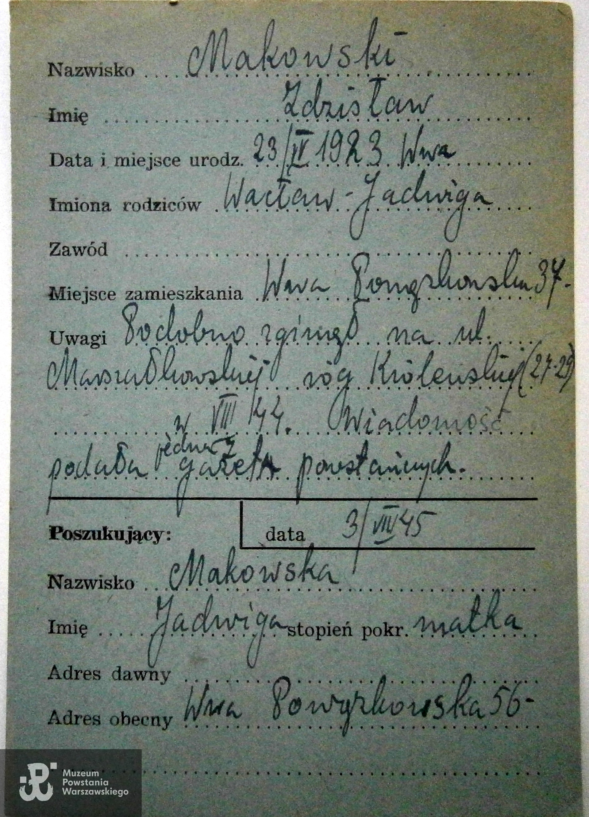 Polski Czerwony Krzyż - kartoteka poszukiwań