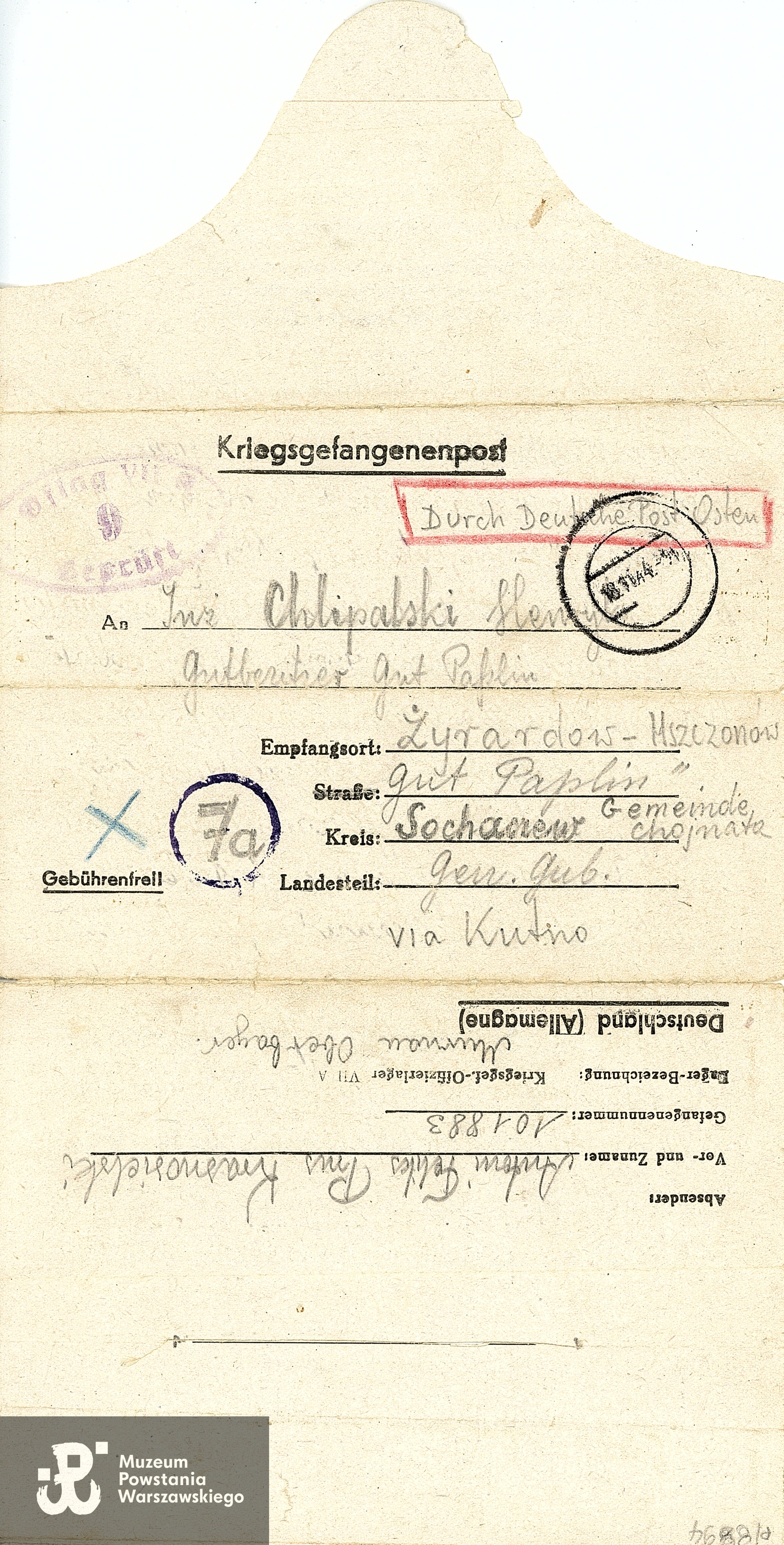 Listy obozowe. Ze zbiorów Muzeum Powstania Warszawskiego, sygn. P/8894/17