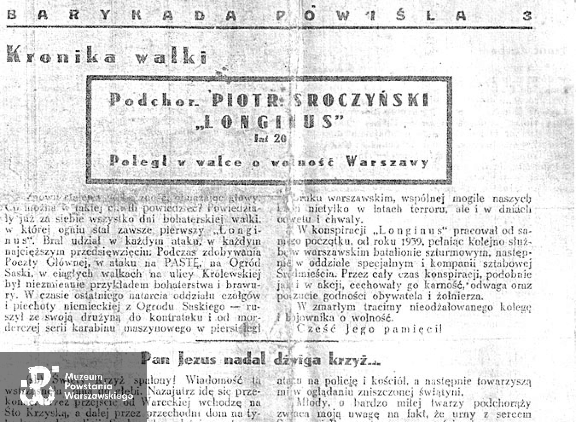 Nekrolog "Longinusa" zamieszczony w "Barykadzie Powiśla" - nr 24 z 30 sierpnia 1944 roku