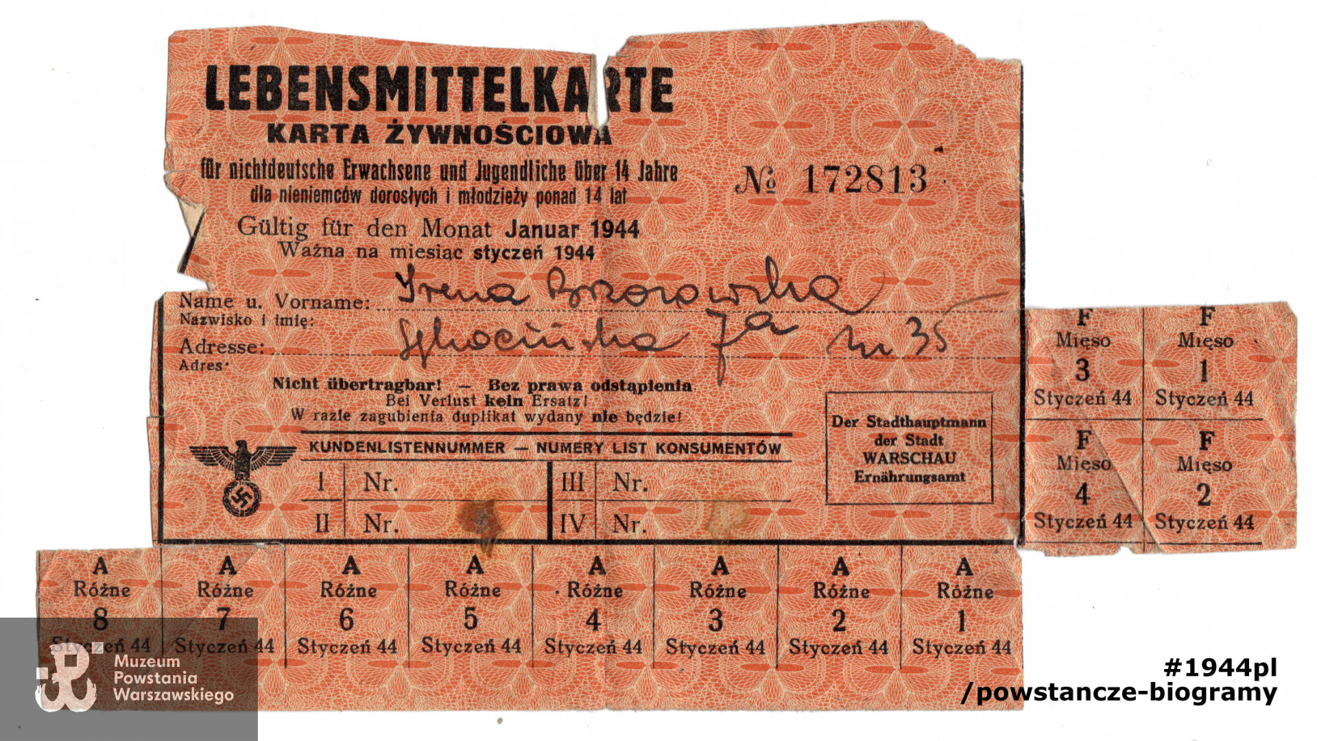 Należąca do Ireny Brzozowskiej kartka żywnościowa z okresu okupacji niemieckiej. Skan udostępnił p. Robert Pawlikowski