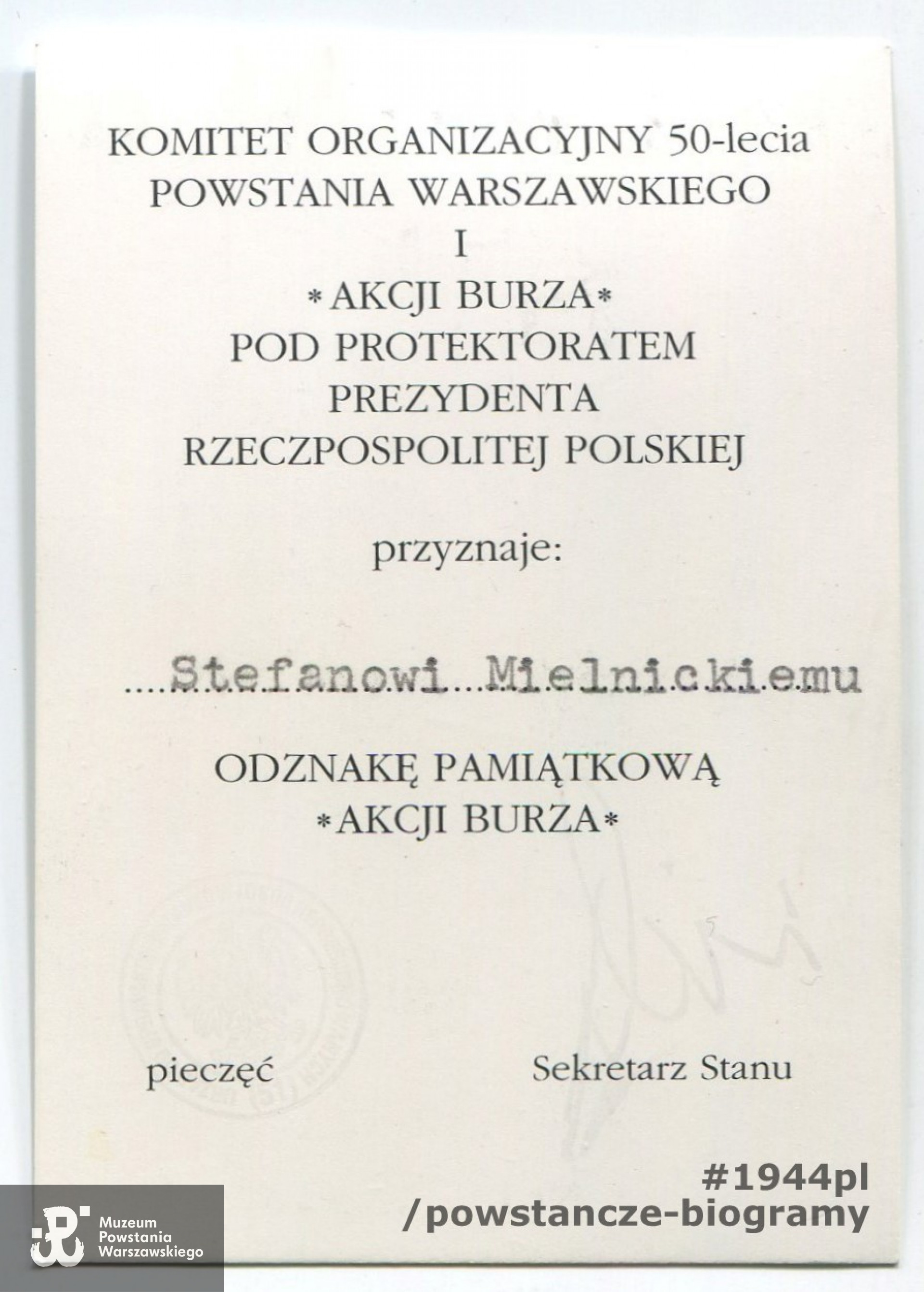 Ze zbiorów Stefana Mielnickiego ps. Mróz. Skan: Pokój Kombatanta MPW - materiały do Słownika Uczestników PW