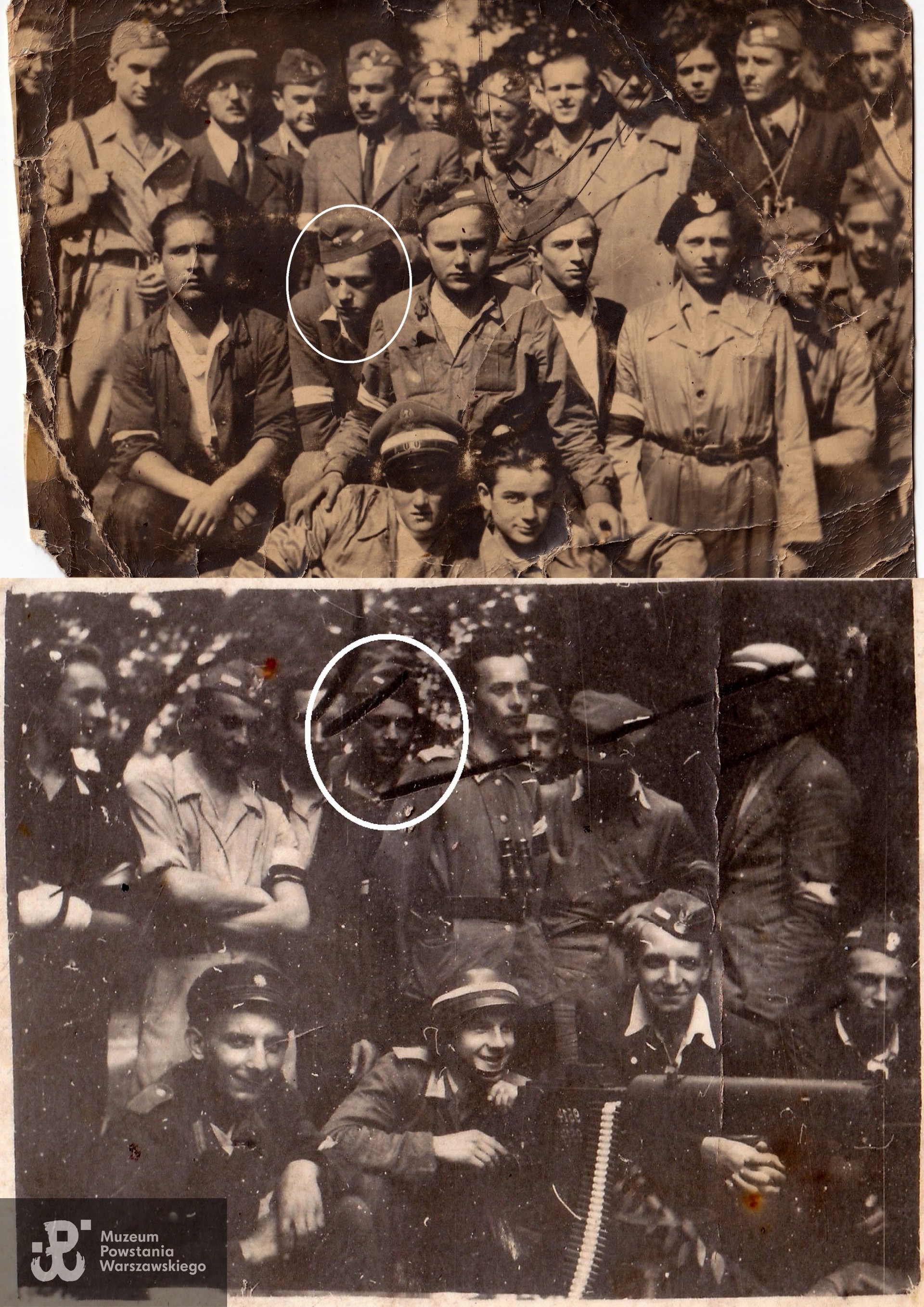 Fotografie zbiorowe z okresu Powstania Warszawskiego - Eugeniusz Gawor zaznaczony okręgiem. Fot. ze zbiorów rodzinnych, skan udostępnił p. Krzysztof (Chris) Gawor