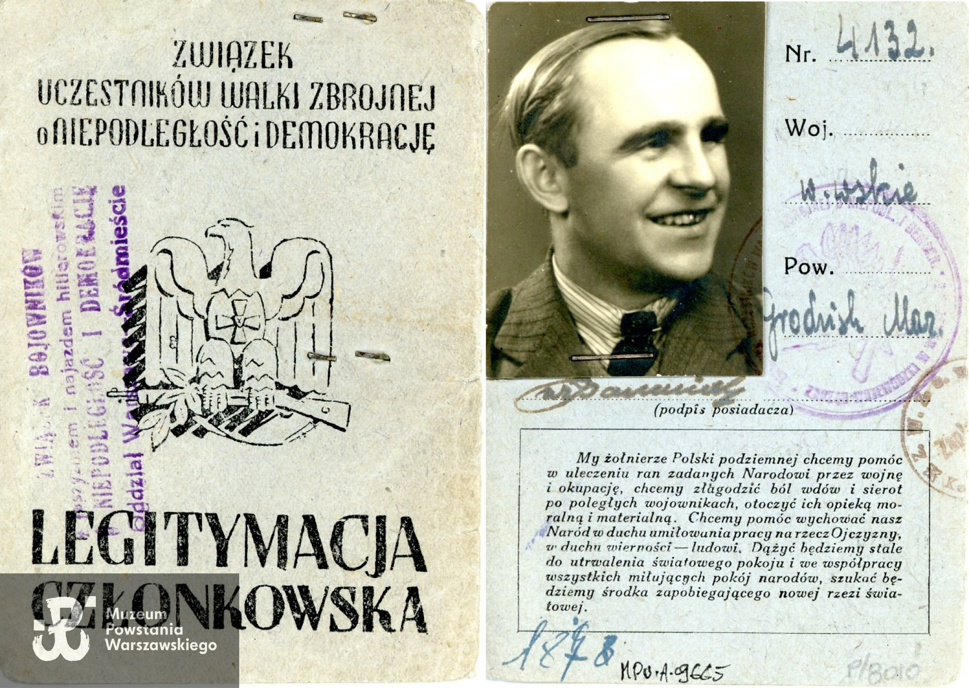 Legitymacja Związku Uczestników Walki Zbrojnej o Niepodległość i Demokrację, należąca do Władysława Banasiaka.  Zbiory Muzeum Powstania Warszawskiego; sygn. MPW-A-9665.