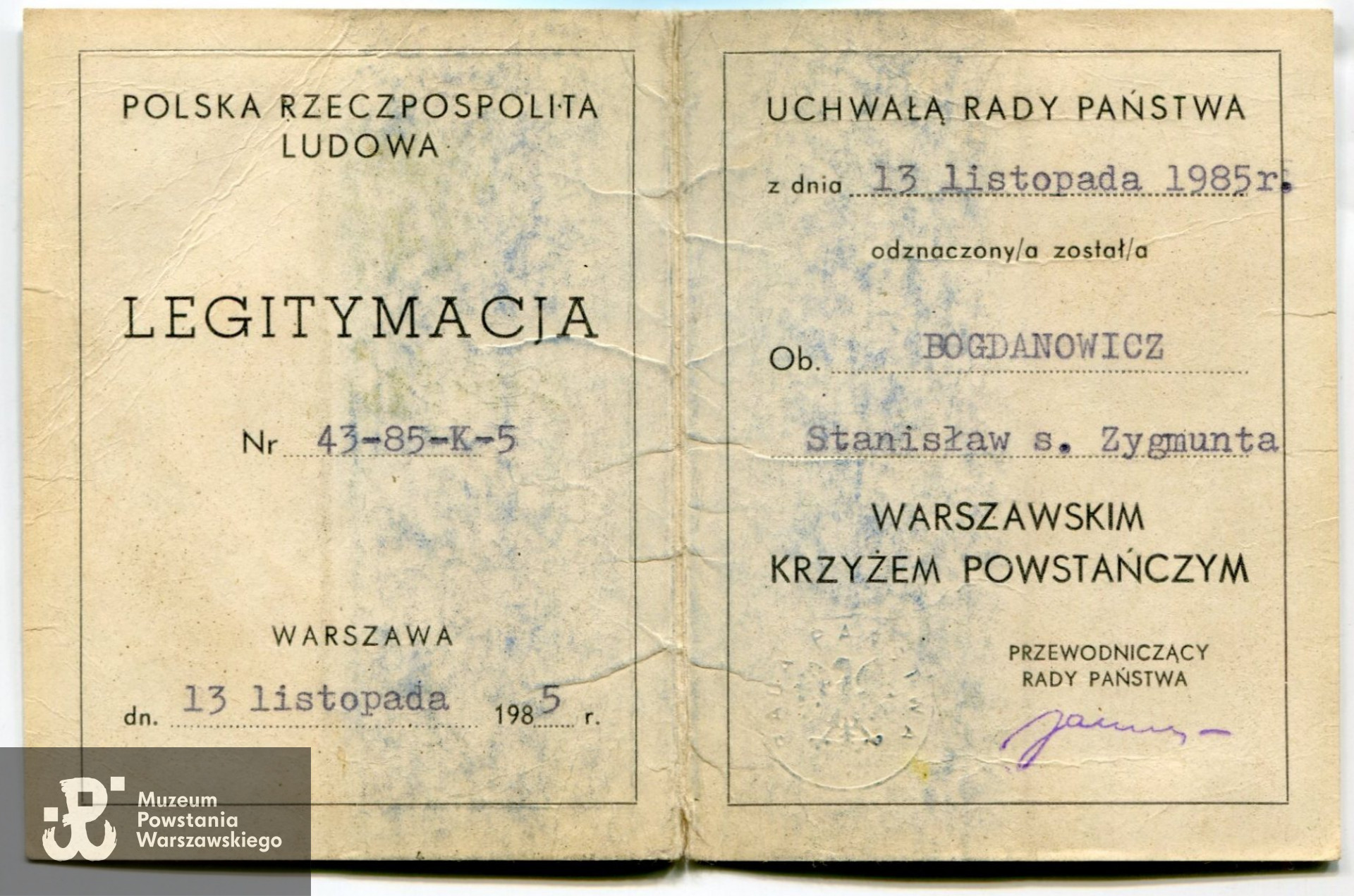 Legitymacja odznaczeniowa - Warszawski Krzyż Powstańczy. Ze zbiorów rodzinnych p. Stanisława Bogdanowicza ps. "Bogdan"