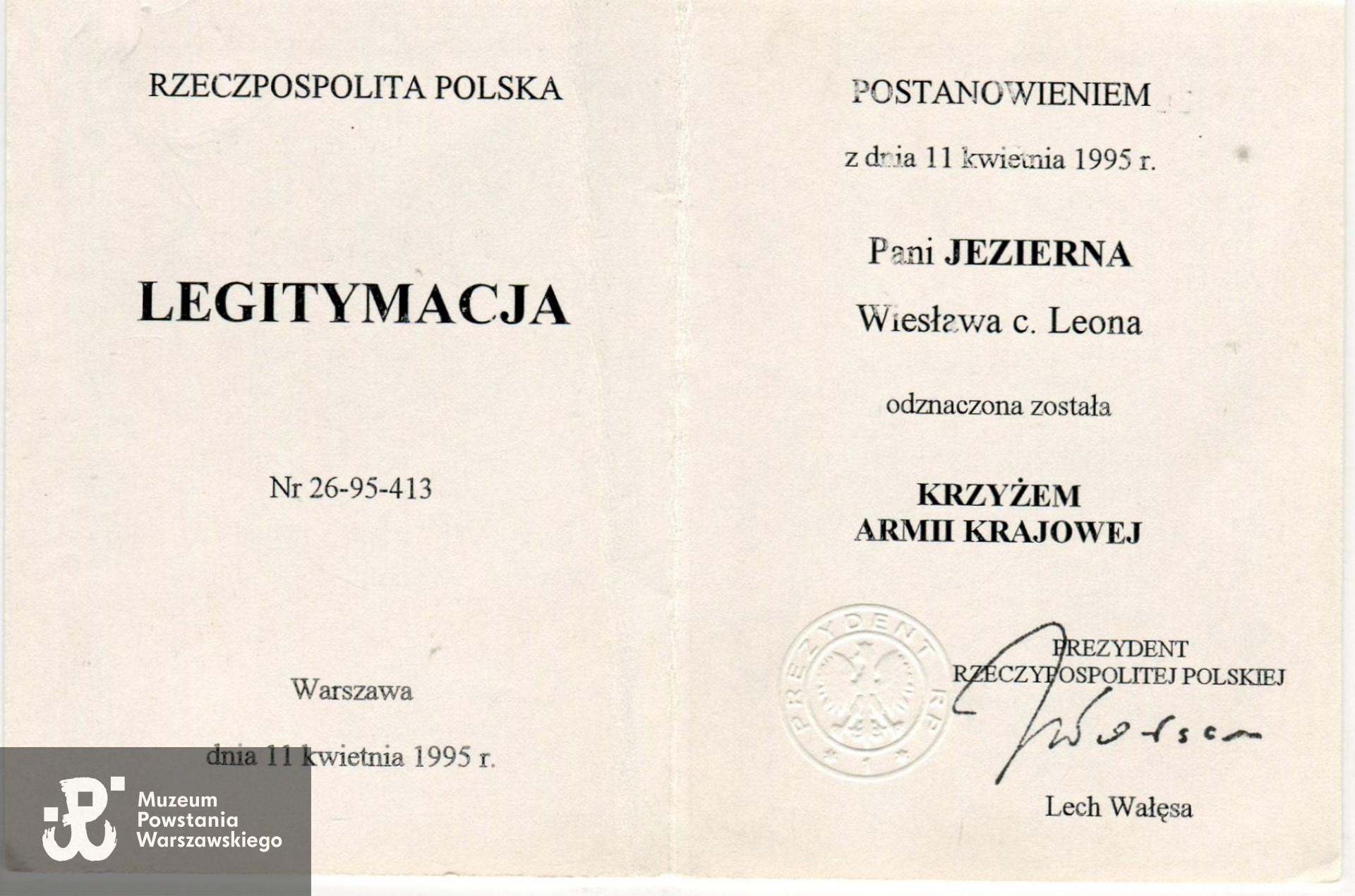 Legitymacja odznaczeniowa - Krzyż Armii Krajowej. Ze zbiorów rodzinnych