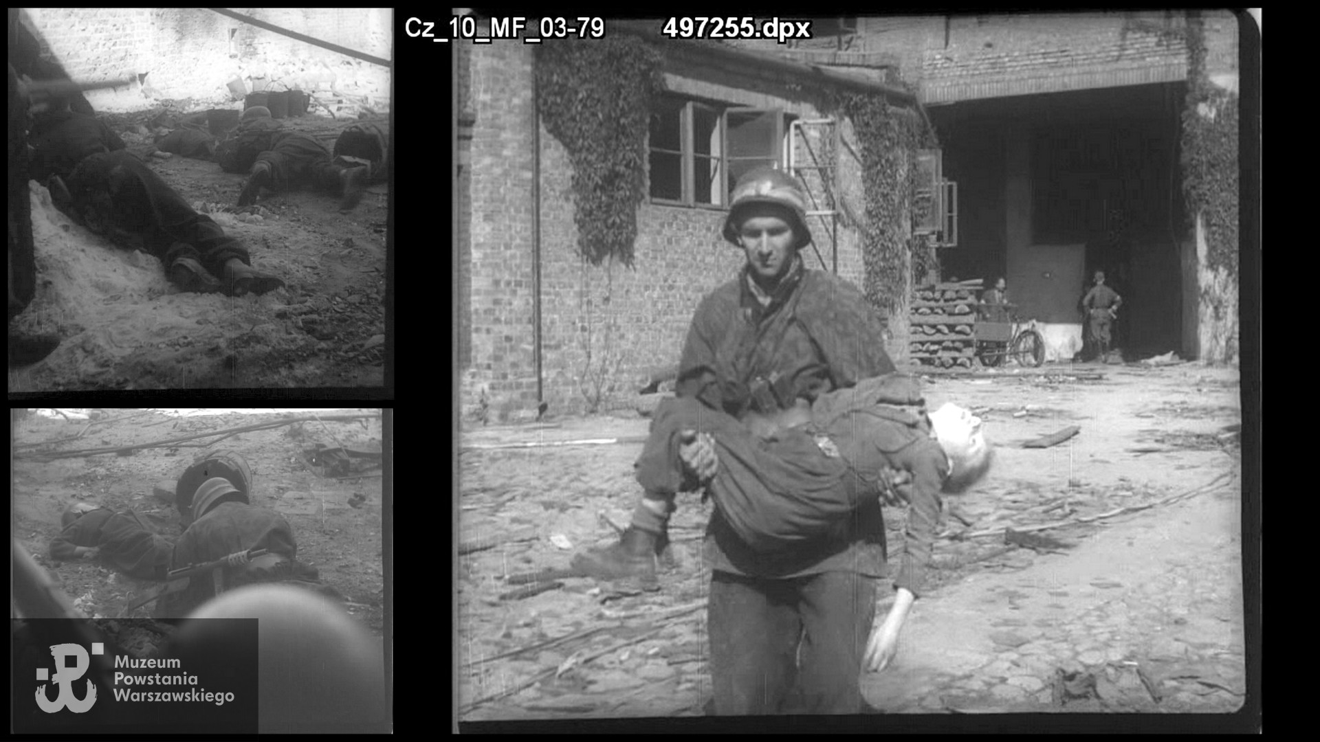 Kadry z Powstańczej Kroniki Filmowej - wyciąganie ciała "Orła Białego" spod niemieckiego ognia