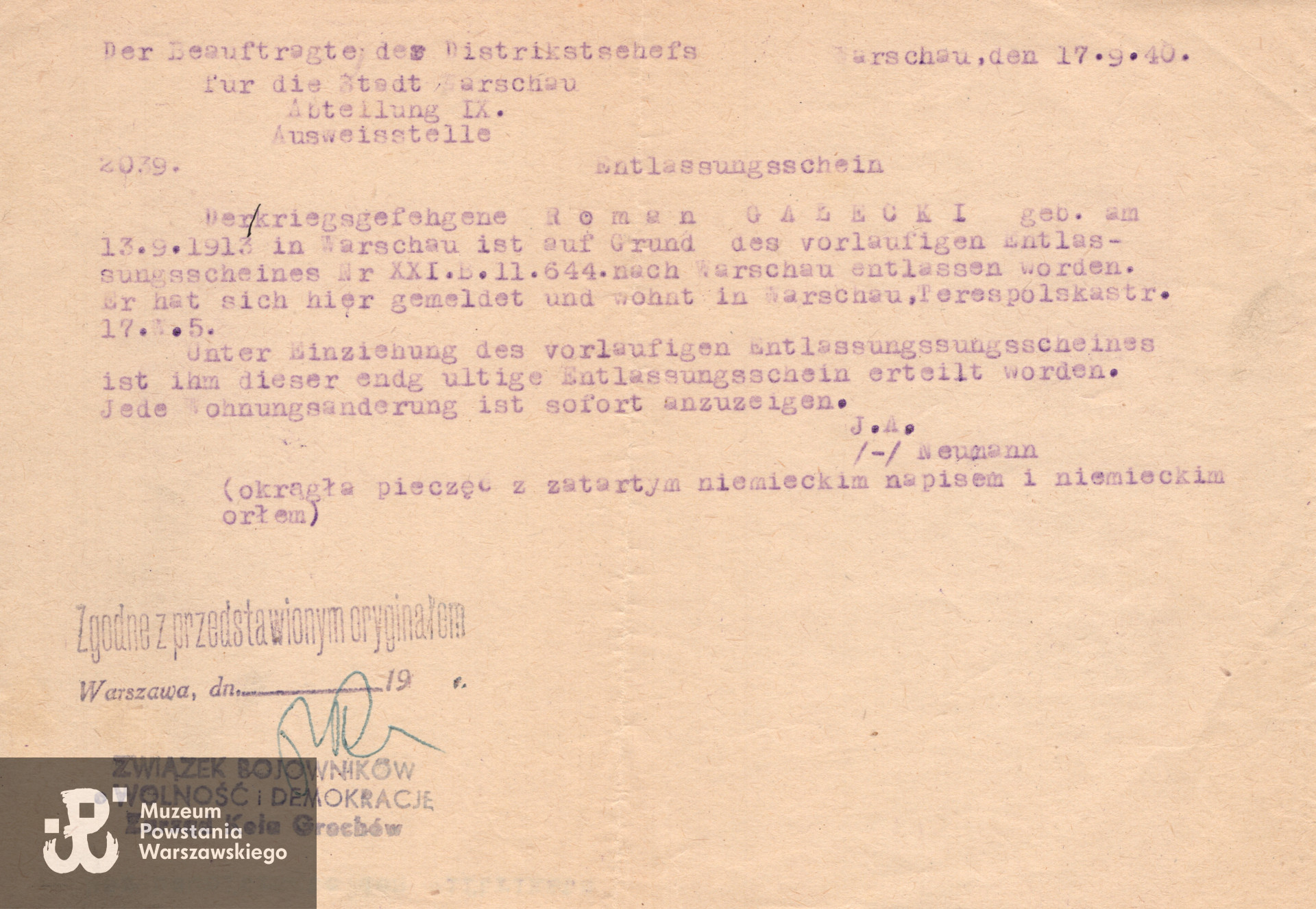 Kopia dokumentu z archiwum rodzinnego p. Danuty Szydłowskiej