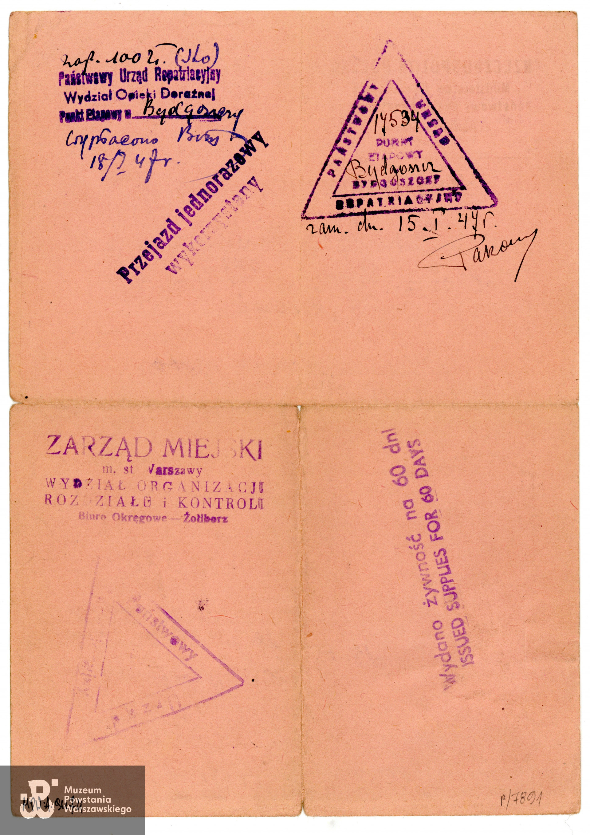 Zaświadczenie z dn. 15.12.1946 r. wystawione przez Państwowy Urząd Repatriacyjny, dla powracającego do kraju Tadeusza Gaertiga, udającego się do Bydgoszczy. Na odwrocie stemple z podroży.  Ze zbiorów Muzeum Powstania Warszawskiego, MPW-A-9474 (P/7891),  dar p. Małgorzaty Gaertig-Barr, córki Powstańca
