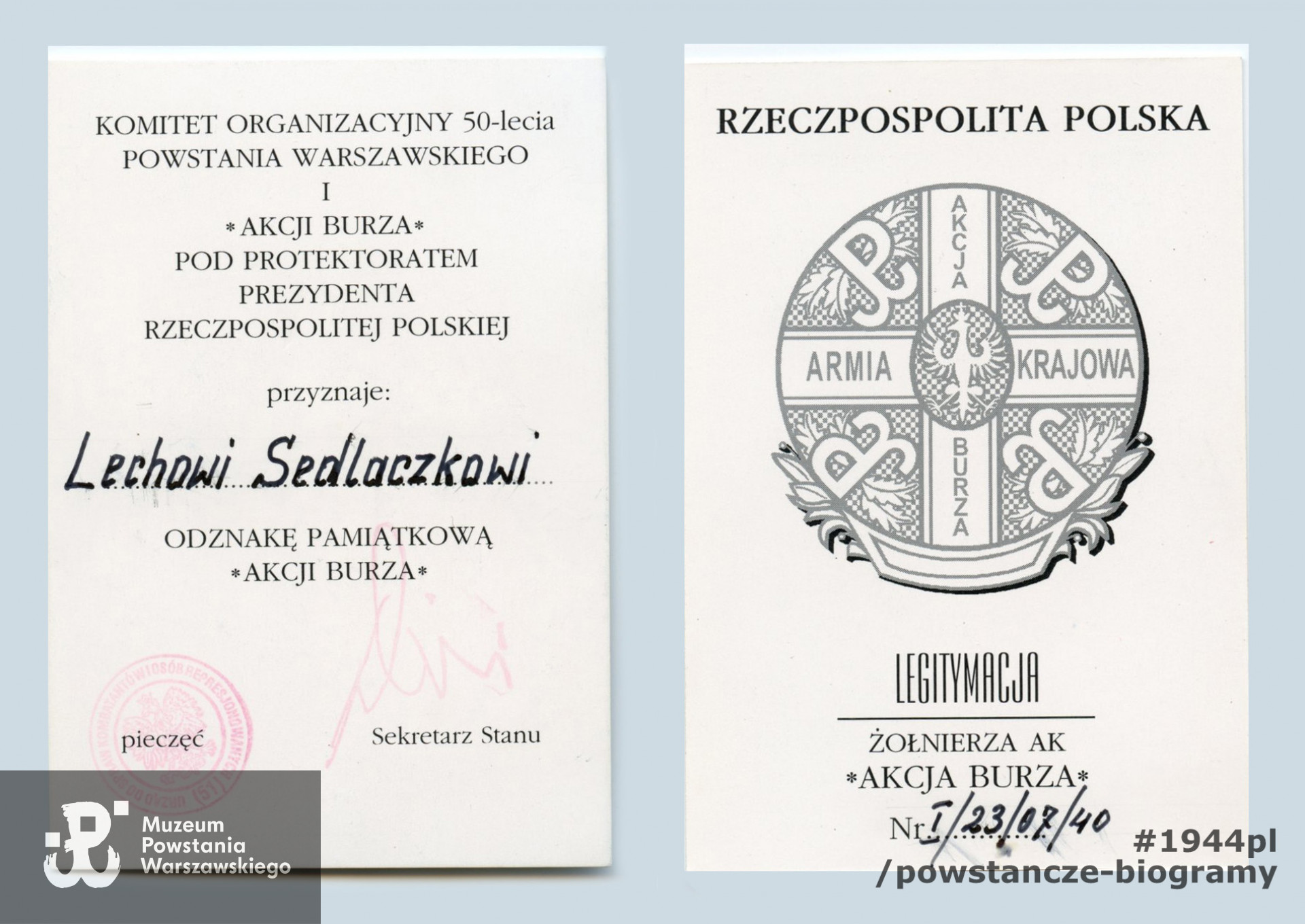 Legitymacja Odznaki Pamiątkowej Akcji Burza. Z archiwum rodzinnego p. Lecha Sedlaczka ps. Hak