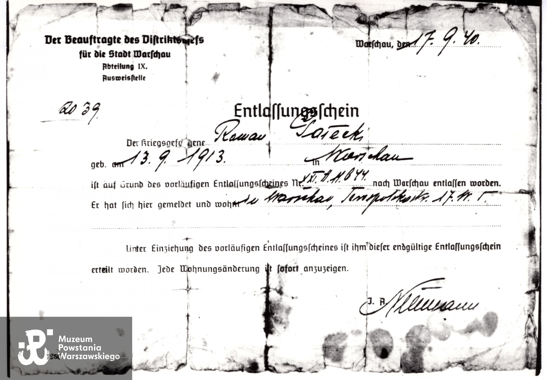 Kopia dokumentu z archiwum rodzinnego p. Danuty Szydłowskiej