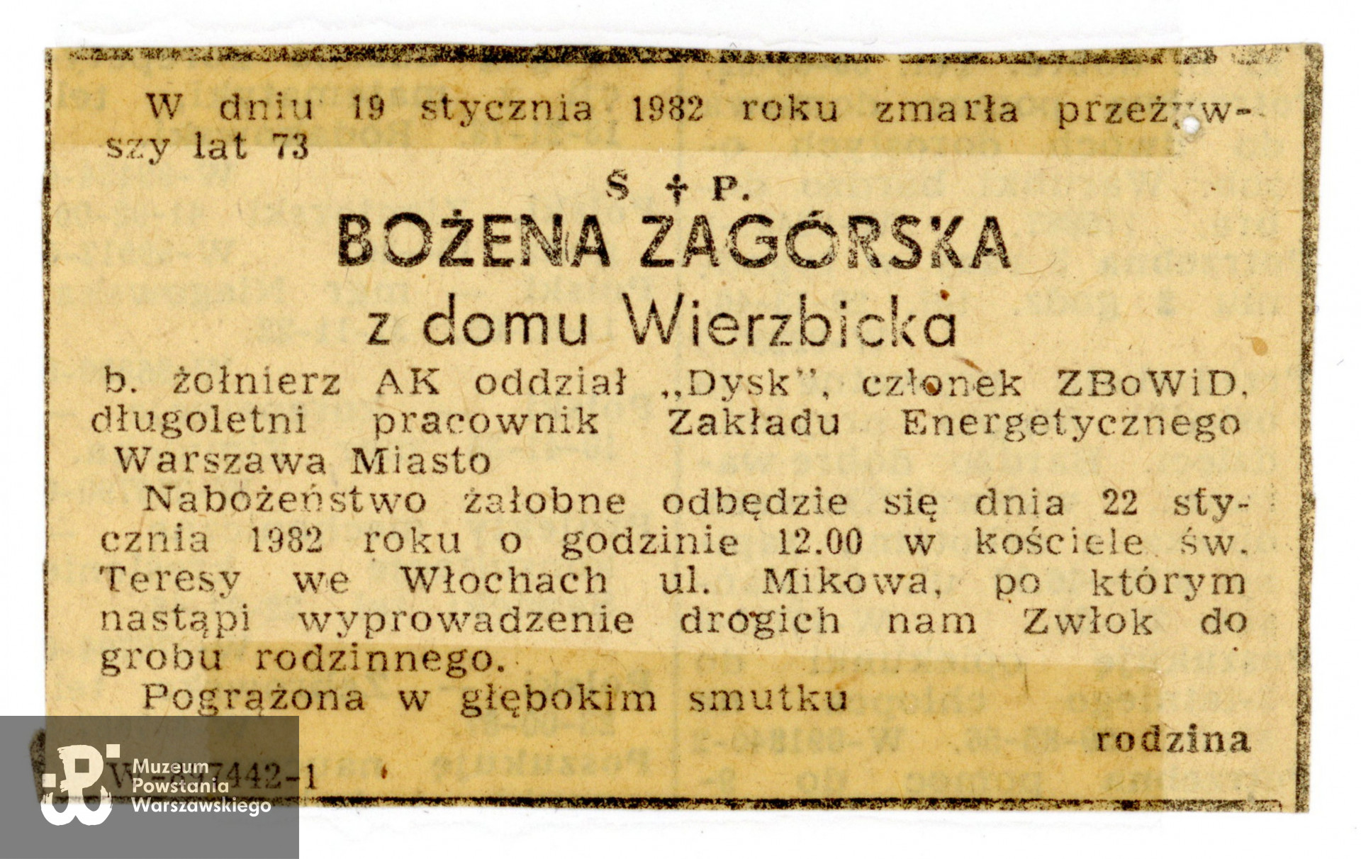 Źródło: Teczki personalne uczestników Powstania Warszawskiego: Zagórska Bożena ps. Jadwiga, zasób Pokoju Kombatanta MPW