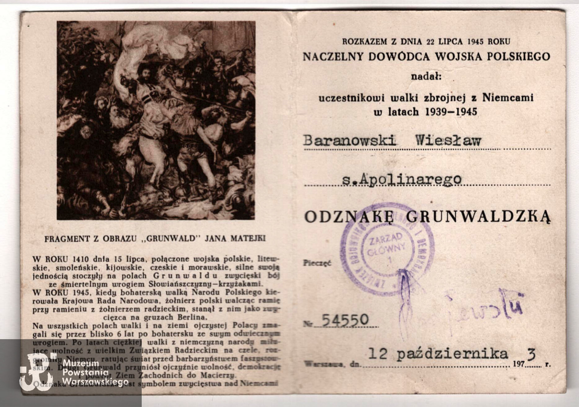 Legitymacja odznaczeniowa  - Odznaka Pamiątkowa Akcji Burza. Dokument ze zbiorów rodzinnych, skan udostępnił p. Sebastian Baranowski, wnuk Powstańca.