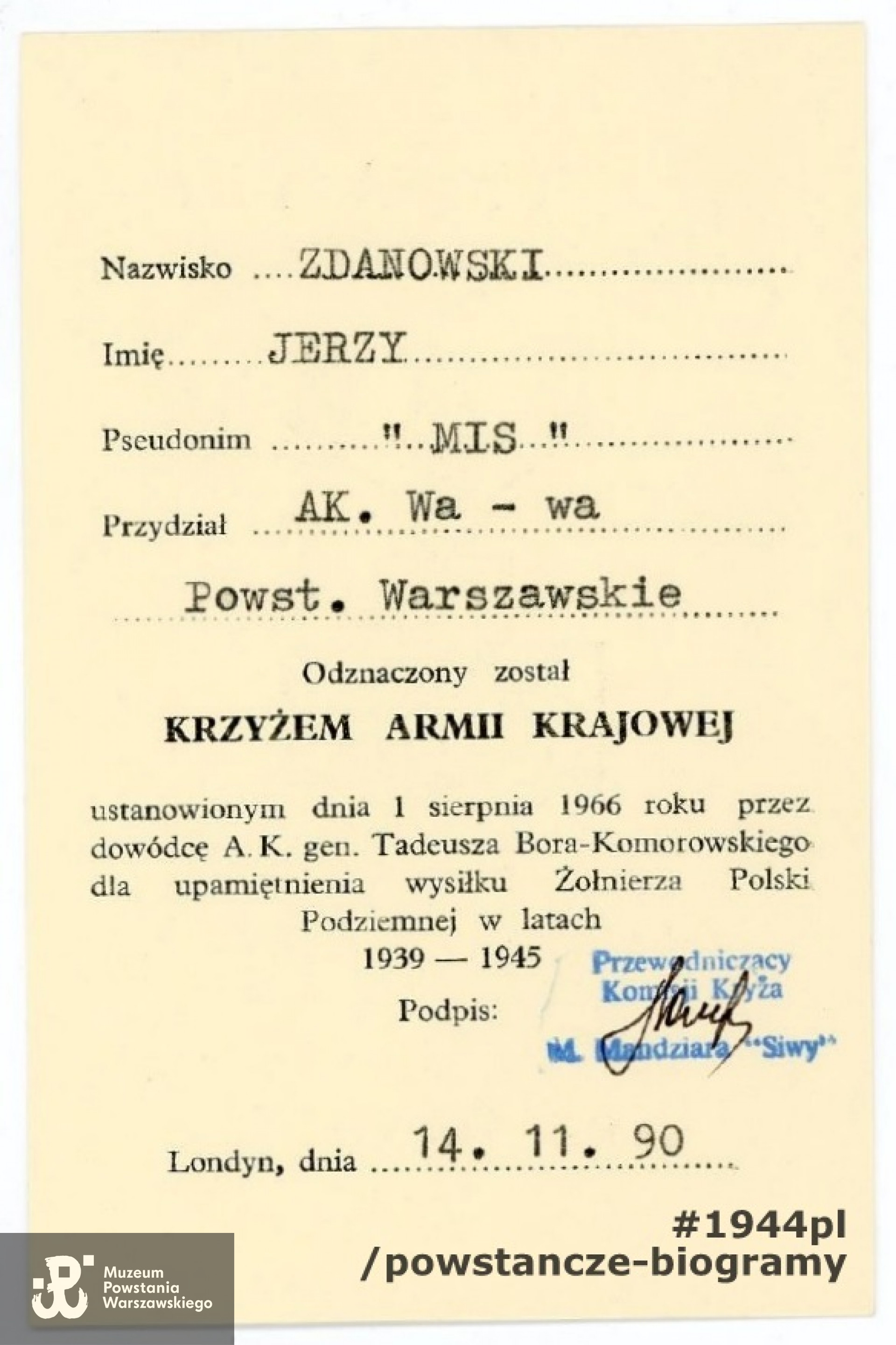 Legitymacja odznaczeniowa - Krzyż Armii Krajowej. Ze zbiorów rodzinnych, udostępnił p. Ryszard Olesiński