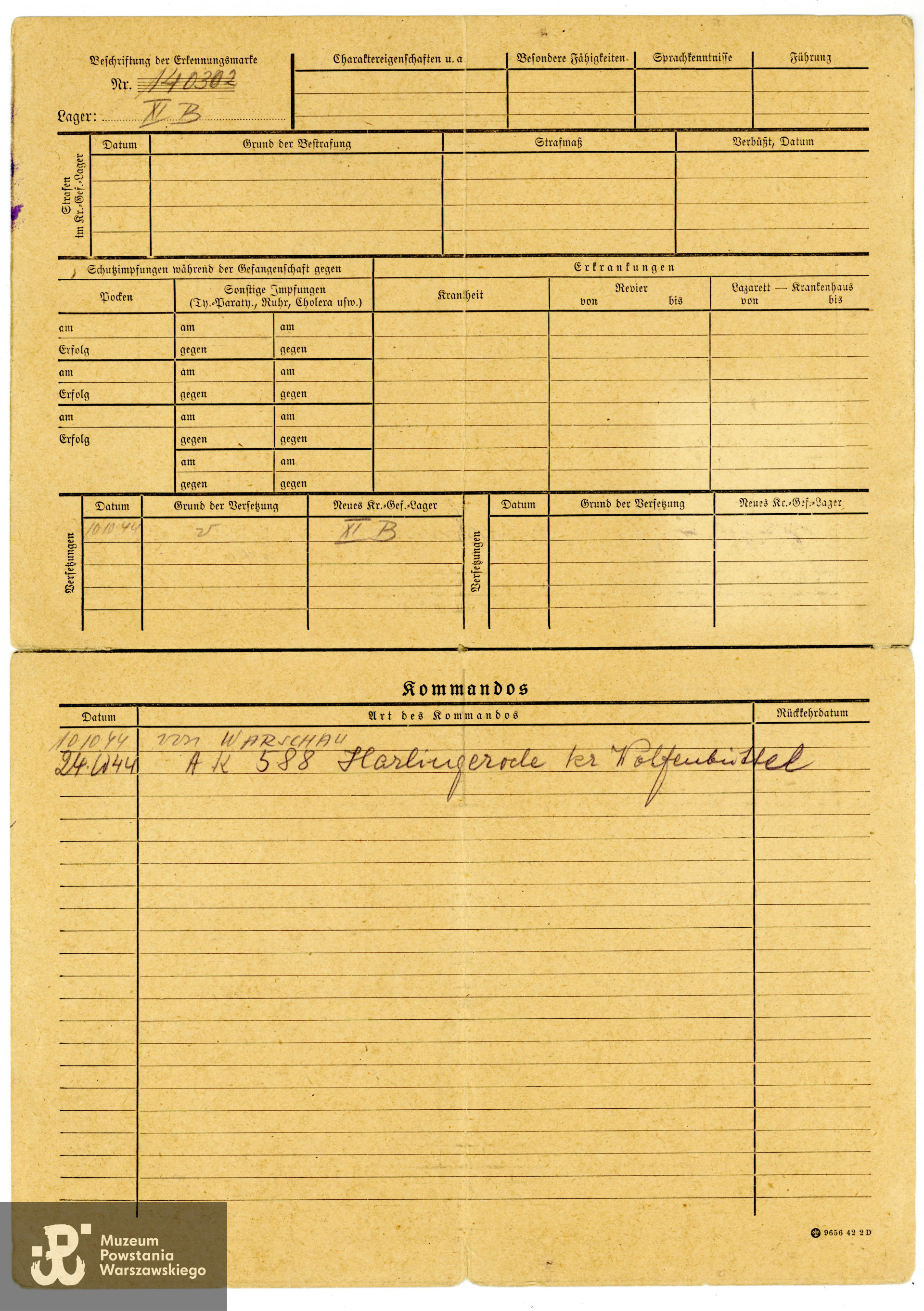 Personalkarte - Karta personalna z obozu jenieckiego Stalagu XI B wystawiona na nazwisko Zygmunt Raczyński. Ze zbiorów Muzeum Powstania Warszawskiego, sygn. P/9329/19, dar p. Jerzego Raczyńskiego, syna Powstańca