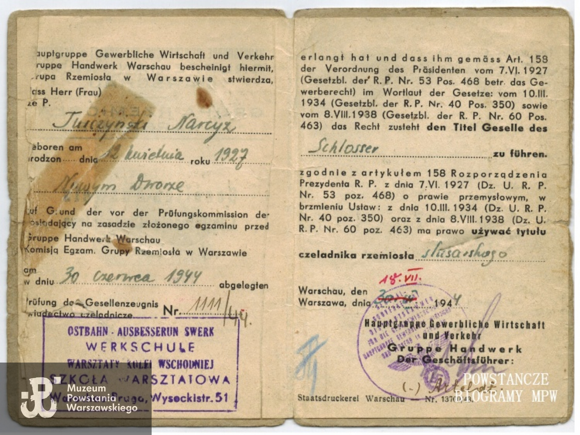 Legitymacja czeladnicza Narcyza Turczyńskiego. Z archiwum rodzinnego Dariusza Bogdana Turczyńskiego.