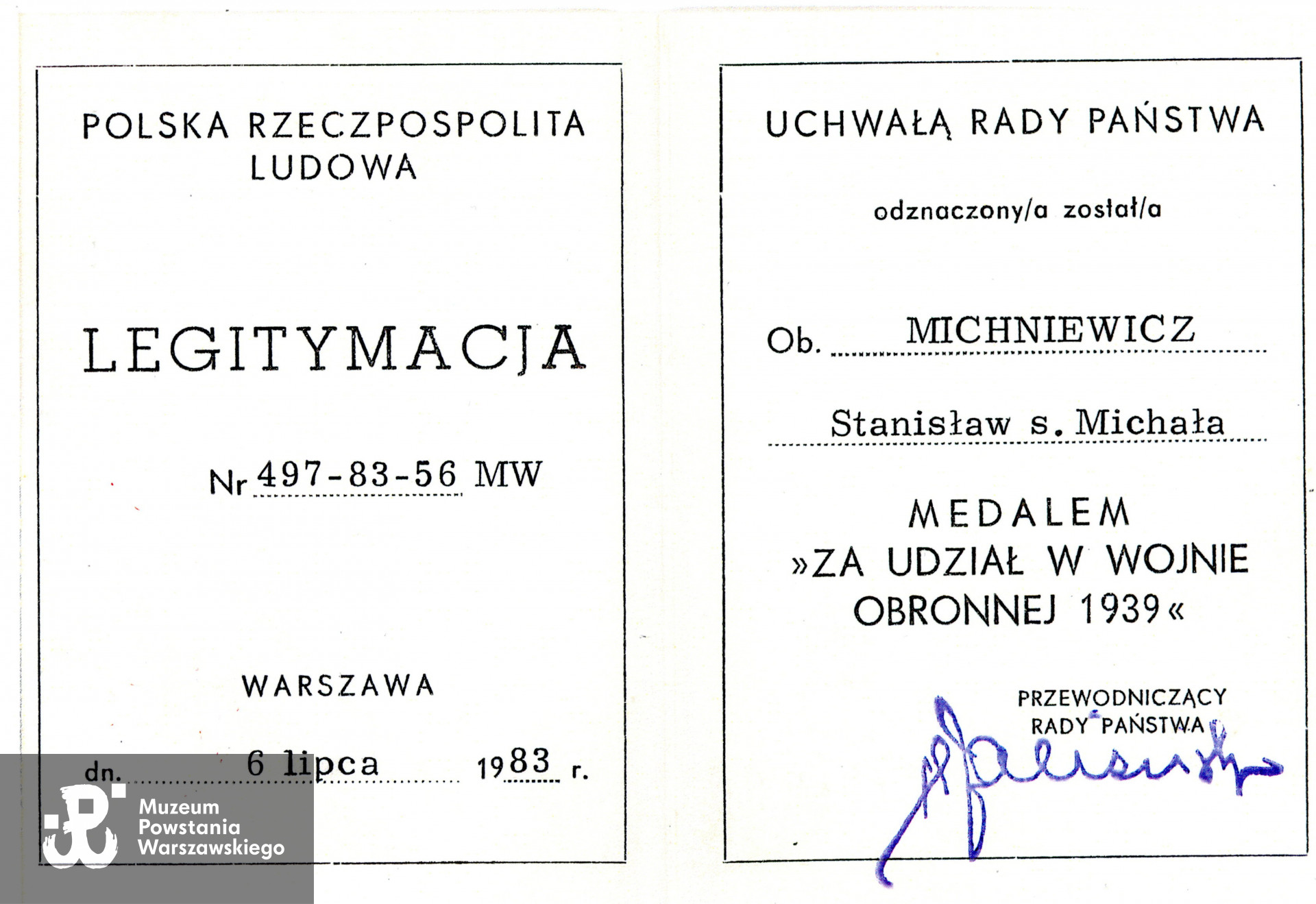 Muzeum Powstania Warszawskiego, Teczki personalne uczestników Powstania Warszawskiego: Michniewicz Stanisław Kazimierz ps. Żbik, skan z kserokopii przekazanej przez córkę Powstańca