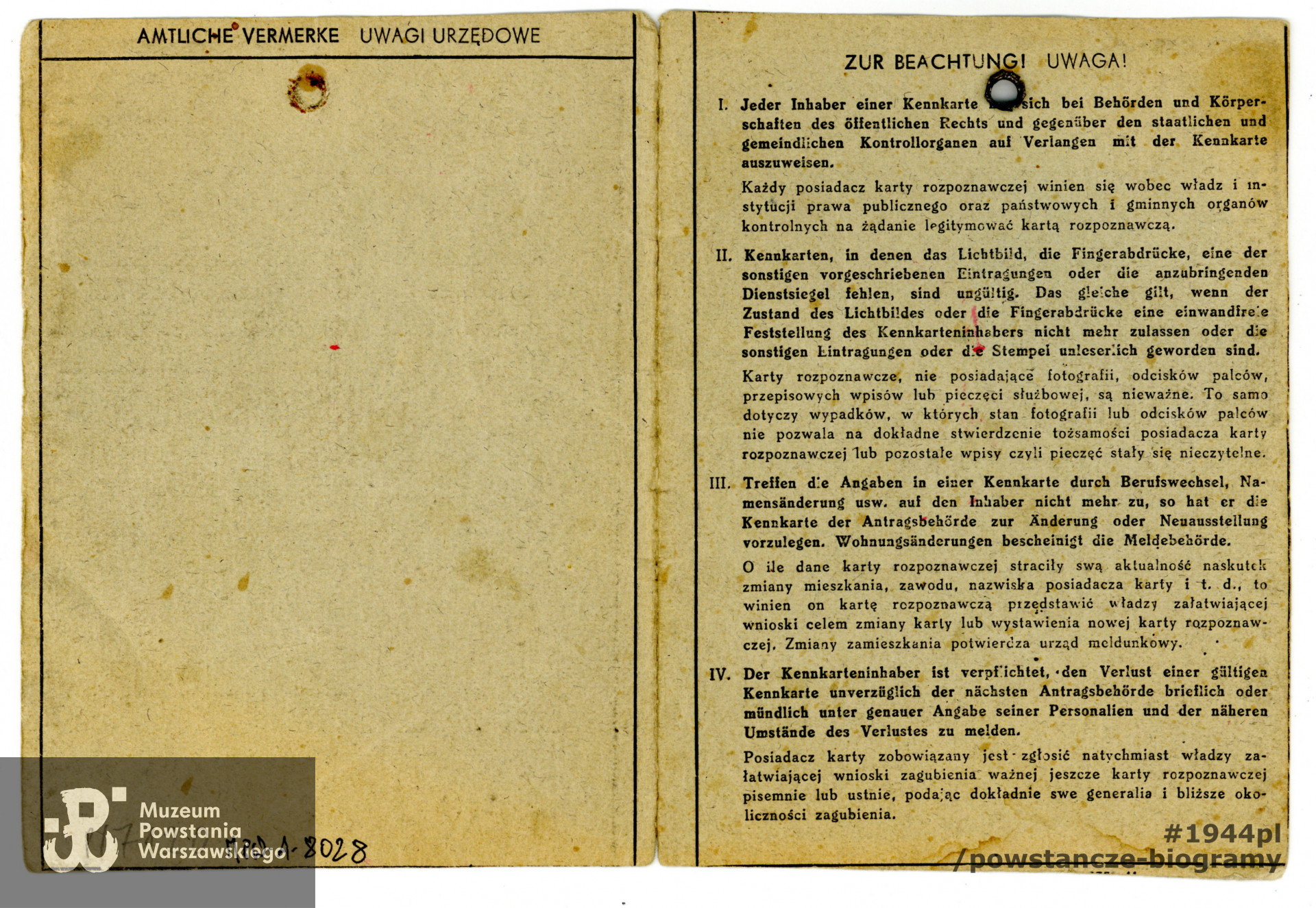 Kennkarta Hanny Trochim, dokument ze zdjęciem, brak pierwszej strony. Ze zbiorów Muzeum Powstania Warszawskiego, sygn.  MPW-A-8028 (P/7120/10)