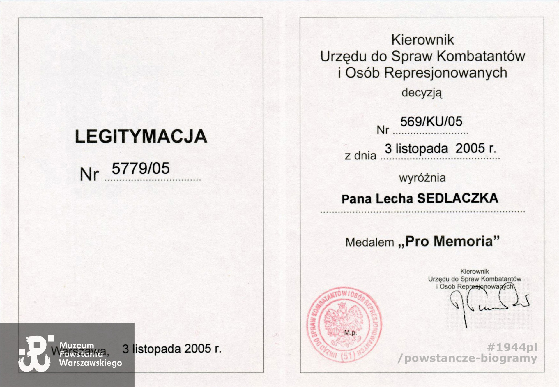Legitymacja odznaczeniowa  - Medal "Pro Memoria", UdsKiOR. Z archiwum rodzinnego p. Lecha Sedlaczka ps. Hak