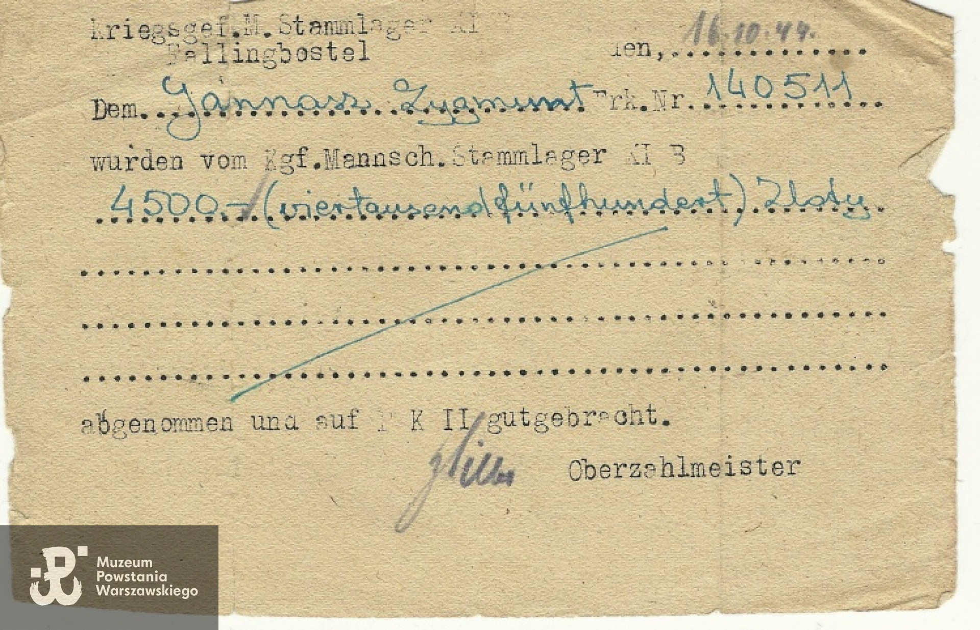 Potwierdzenie przyjęcia w depozyt Stalagu XI B Fallingbostel kwoty 4500 zł - był to żołd wypłacany powstańcom po kapitulacji Warszawskiego Korpusu AK.