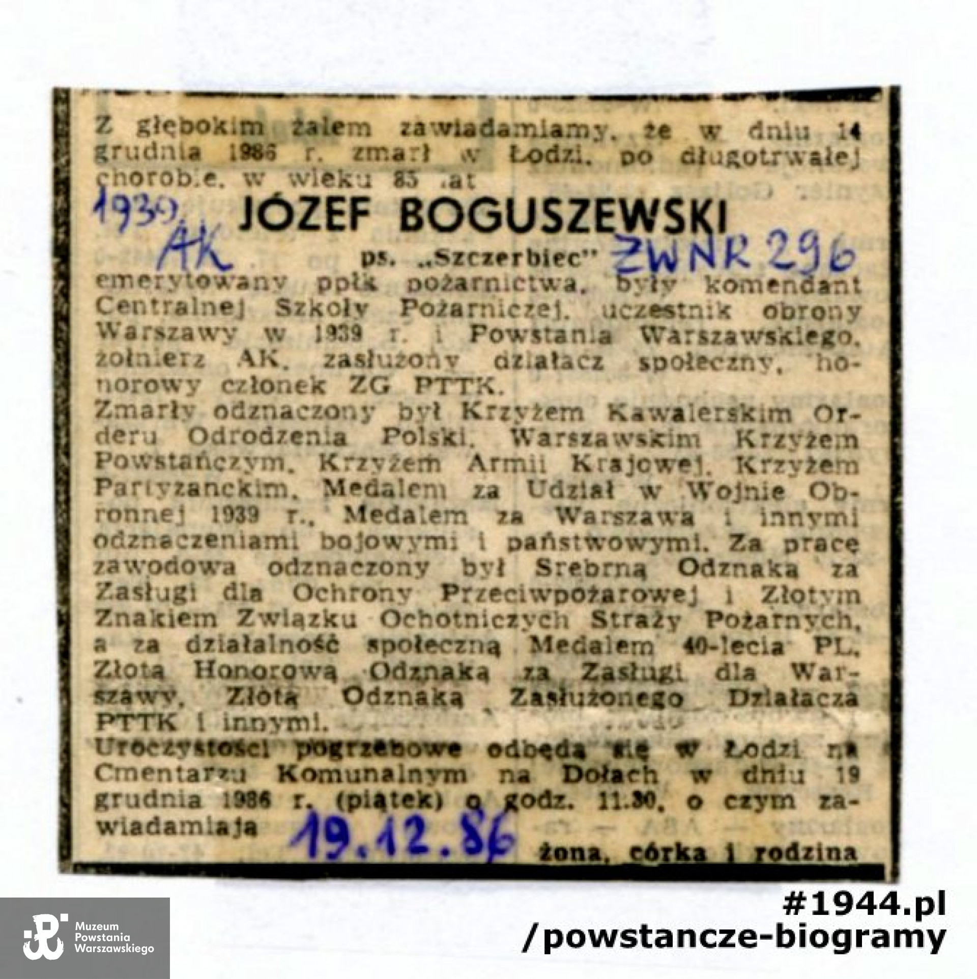 Nekrolog prasowy z 1986 roku - "Życie Warszawy" nr. 296 z 19.12.1986.  Ze zbiorów MPW