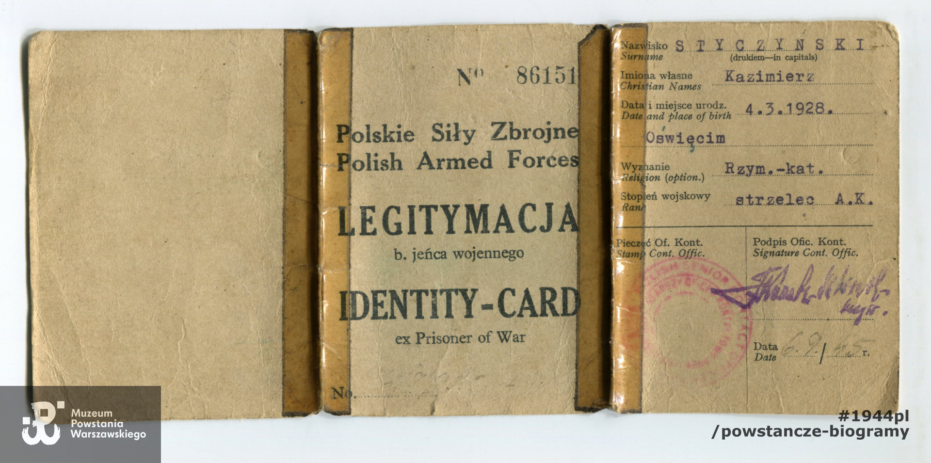 Legitymacja byłego jeńca wojennego. Z archiwum rodzinnego p. Kazimierza Styczyńskiego