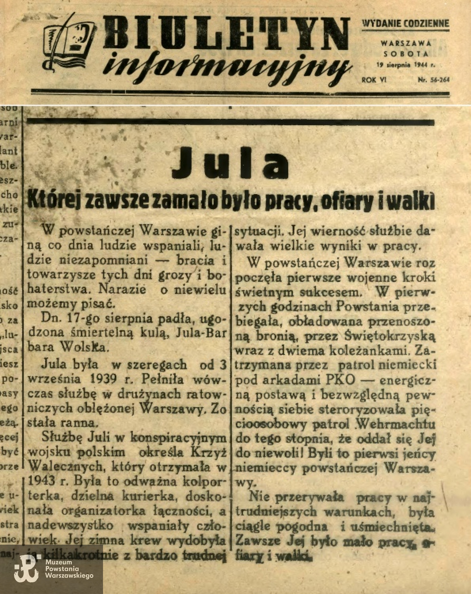 Fragment 56 (264) numeru "Biuletynu Informacyjnego" z 19.08.1944 informujący o śmierci Barbary Wolskiej. 