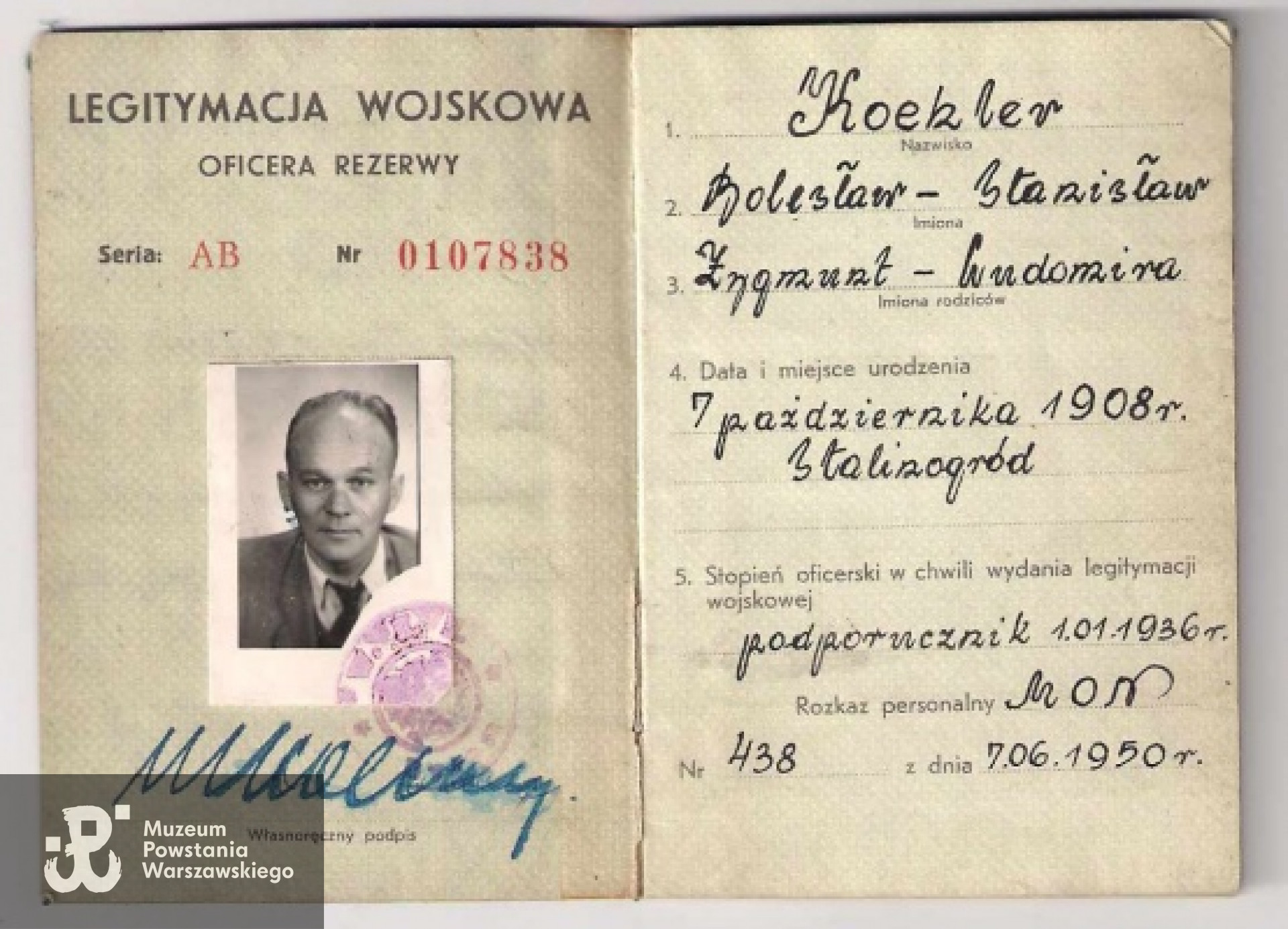 Bolesław Stanisław Koehler - Legitymacja Wojskowa oficera rezerwy z 1950 r.