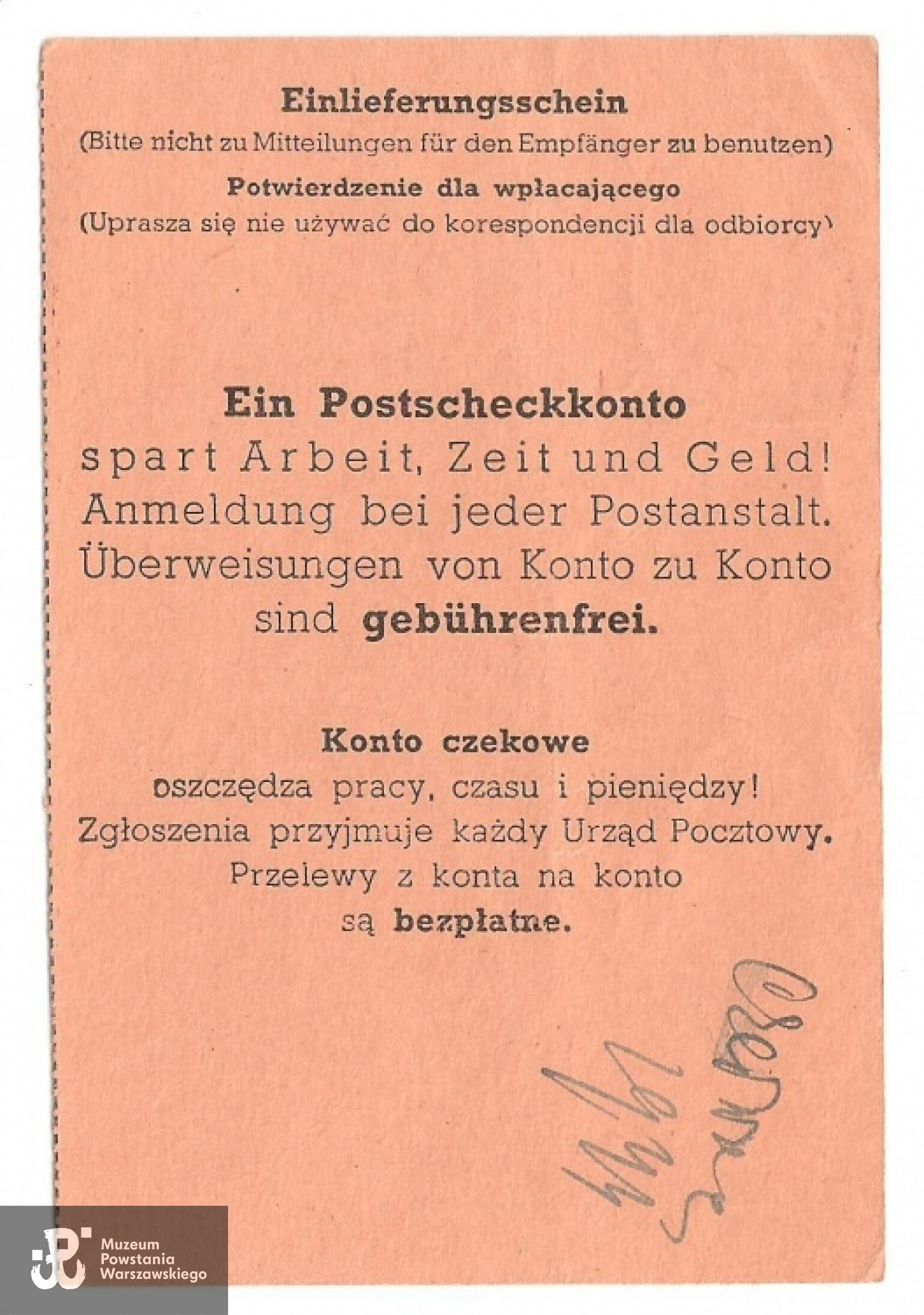 Rewers potwierdzenia nadania przekazu pocztowego. Odbiorca Jung-Zabłocka. Krucza 10. 9.06.1944 r. Z archiwum rodzinnego Witolda Smoleńskiego