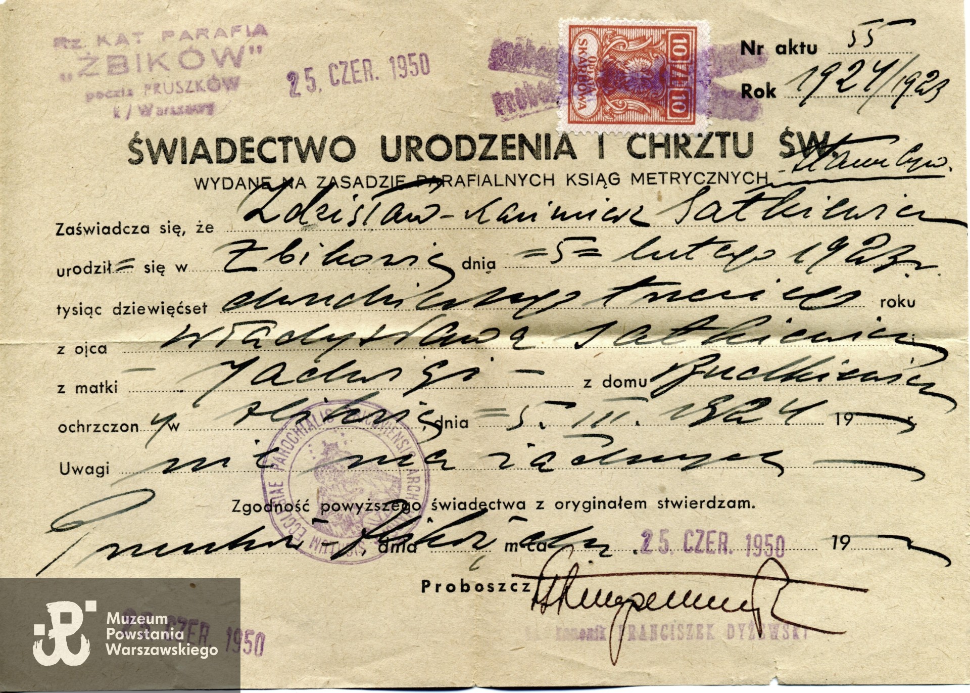 Świadectwo urodzenia i chrztu. Ze zbiorów rodzinnych p. Andrzeja Kwasta