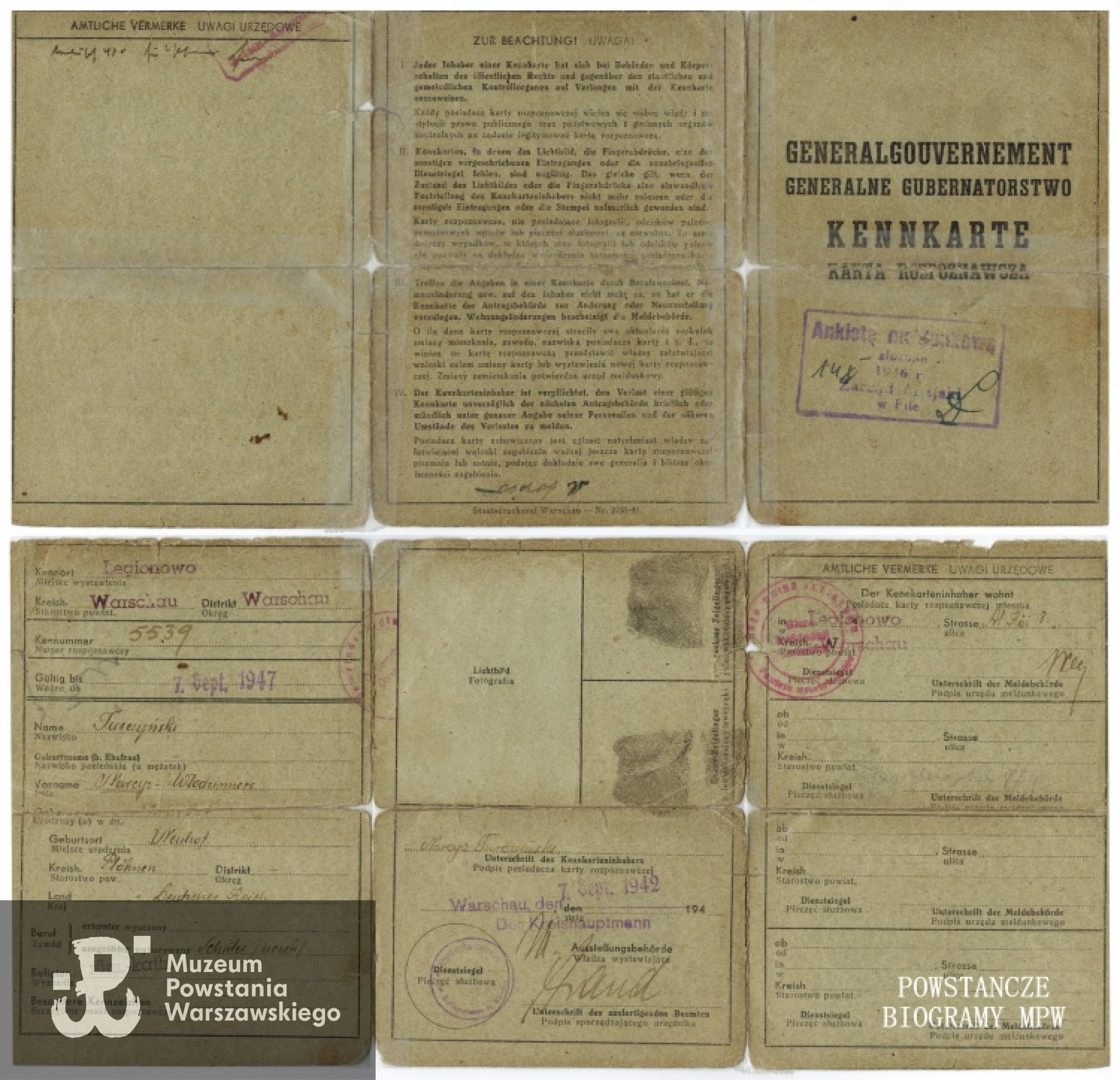 Wystawiona w 1942 r. kenkarta Narcyza Turczyńskiego. Z archiwum rodzinnego Dariusza Bogdana Turczyńskiego.