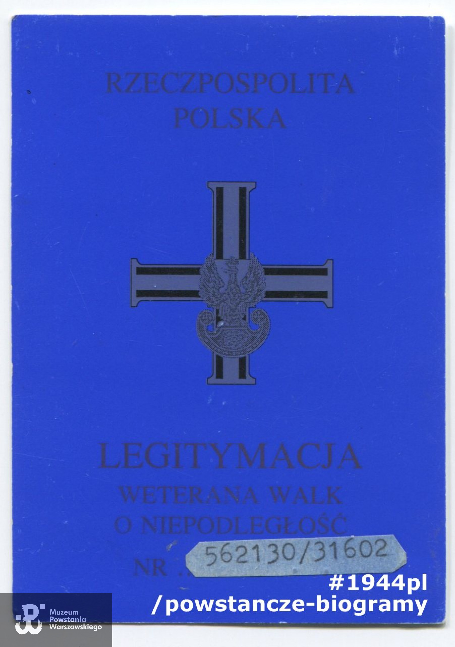 Odznaka Weterana Walk. Legitymacja odznaczeniowa ze zbiorów p. Ireny Paśnik z domu Szyperskiej, skan: materiały do Słownika Uczestników PW/Pokój Kombatanta
