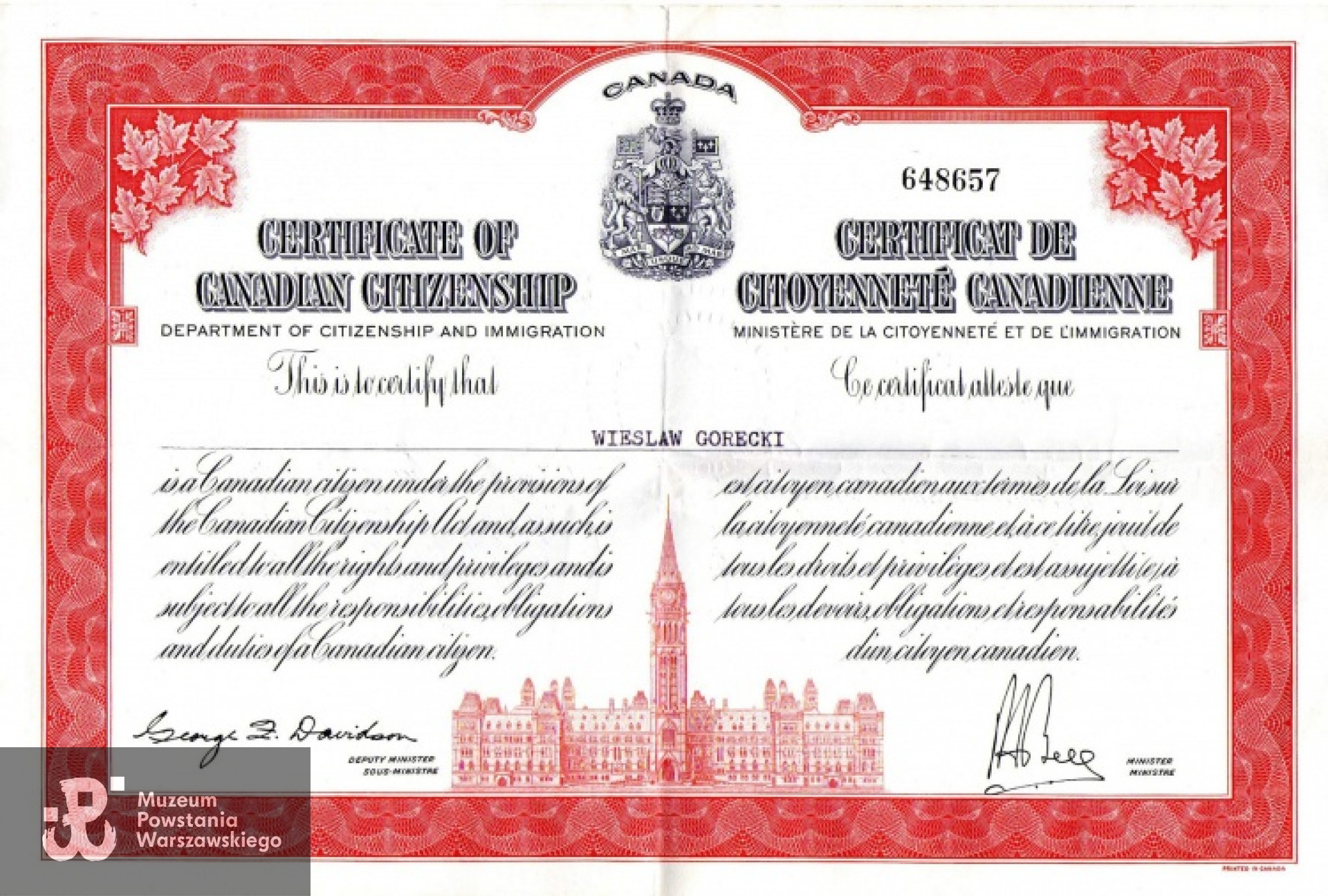 Dokument przyznania obywatelstwa Kanadyjskiego