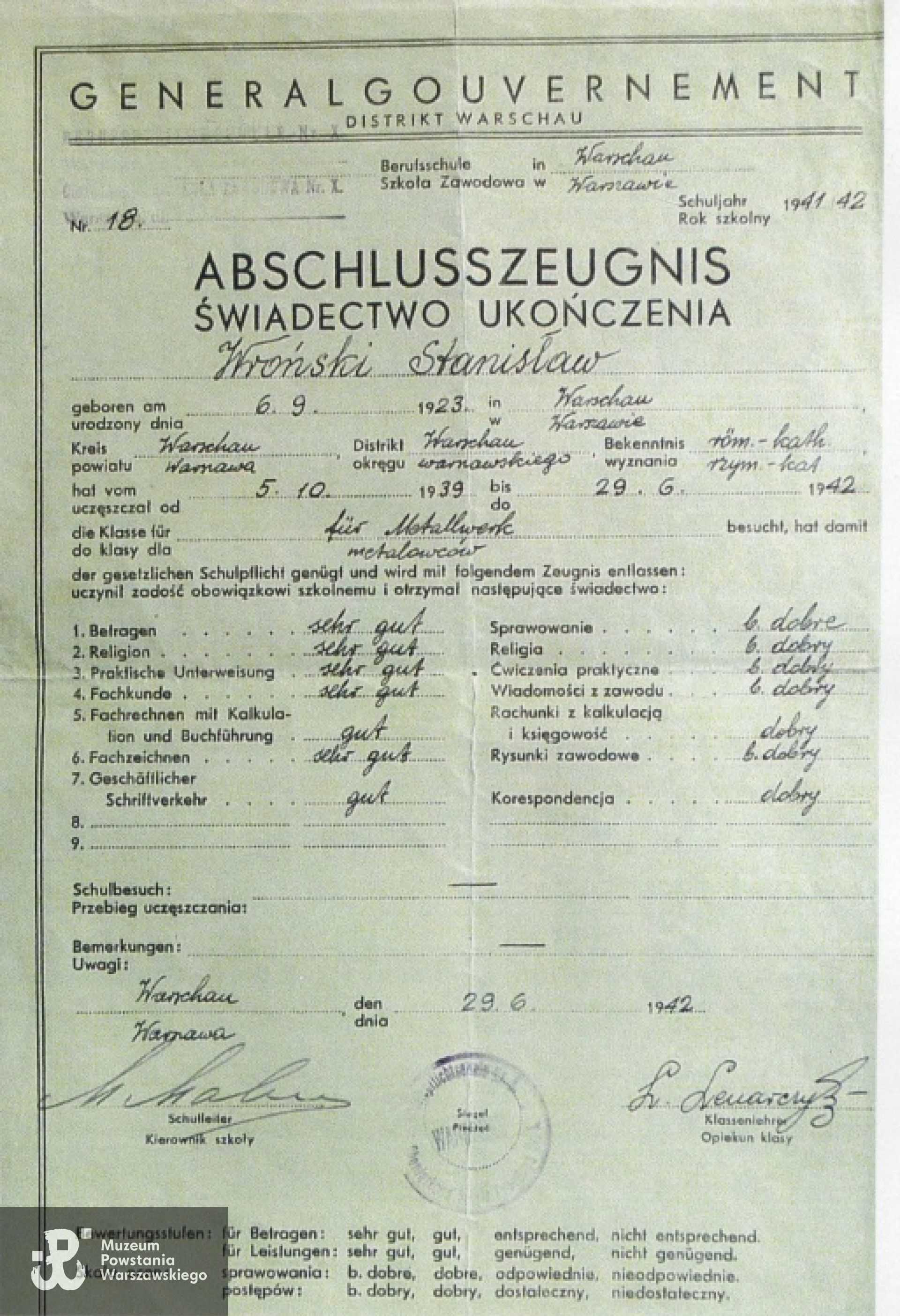 Świadectwo szkolne. Z archiwum Krystyny Badowskiej