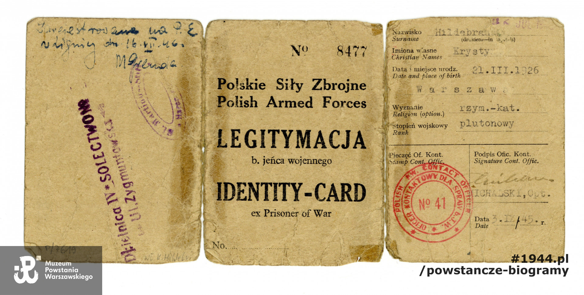 Legitymacja byłego jeńca wojennego, tu podpis właścicielki Hildebrand. Ze zbiorów Muzeum Powstania Warszawskiego, sygn. P/7619,  dar Emilii Hildebrandt