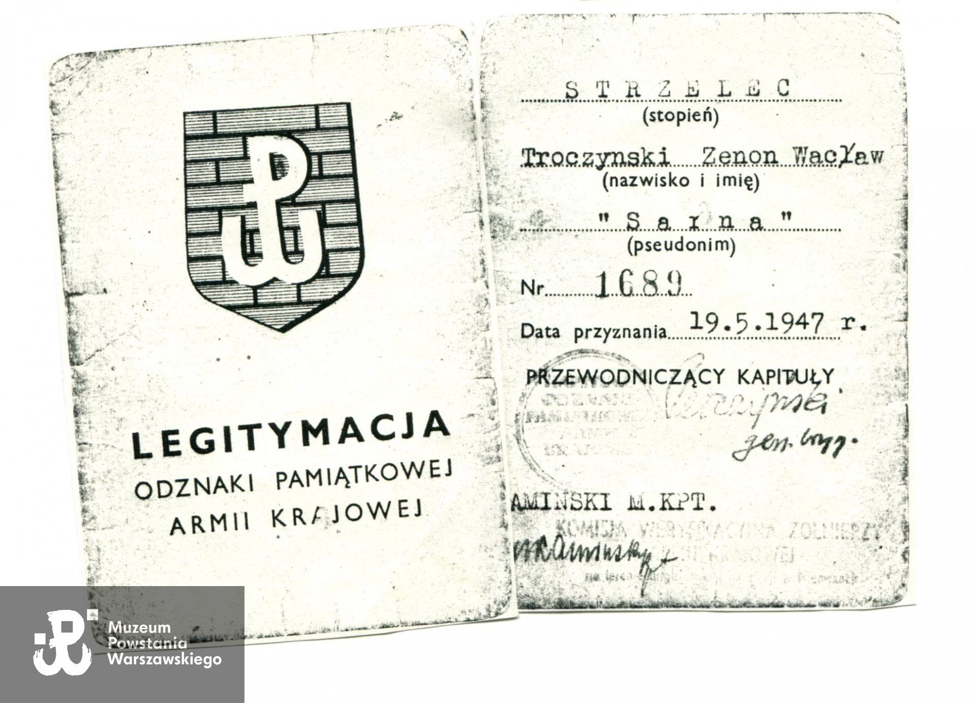 Legitymacja Odznaki Pamiątkowej AK. Kserokopia w zbiorach MPW