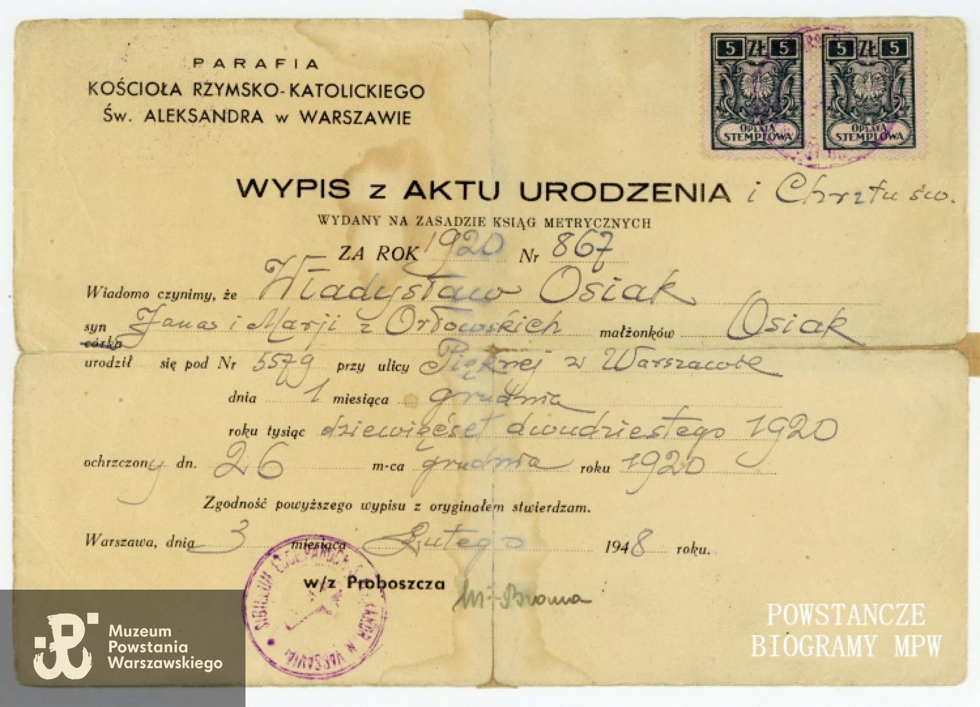 Wypis z aktu urodzenia wystawiony 3 II 1948  r. Ze zbiorów Muzeum Powstania Warszawskiego, sygn. P/3091, dar Stefanii Osiak