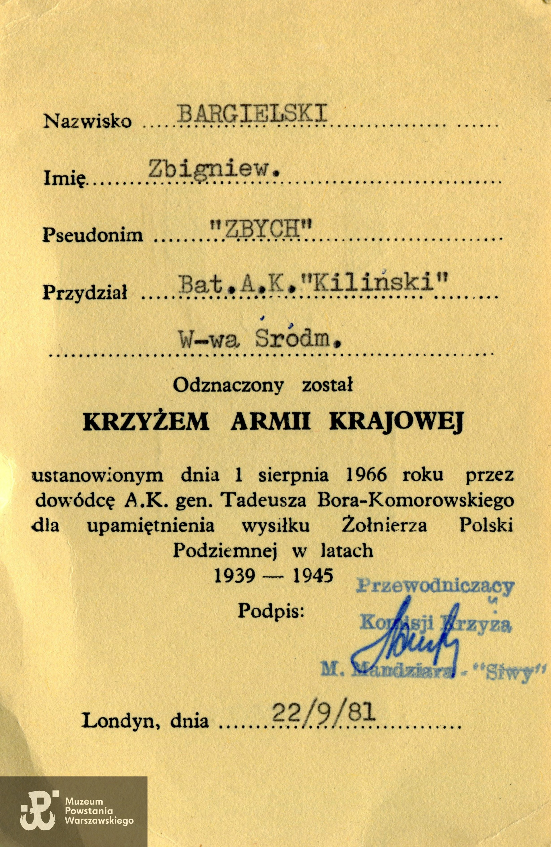 Legitymacja odznaczenia Krzyżem Armii Krajowej. Fot. archiwum rodzinne