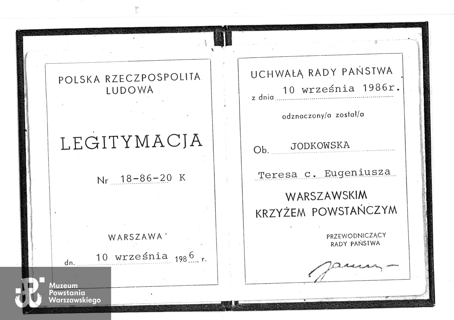 Kserokopia legitymacji Warszawskiego Krzyża Powstańczego, źr. Teczki personalne uczestników Powstania Warszawskiego, zasób Działu Kombatanta MPW