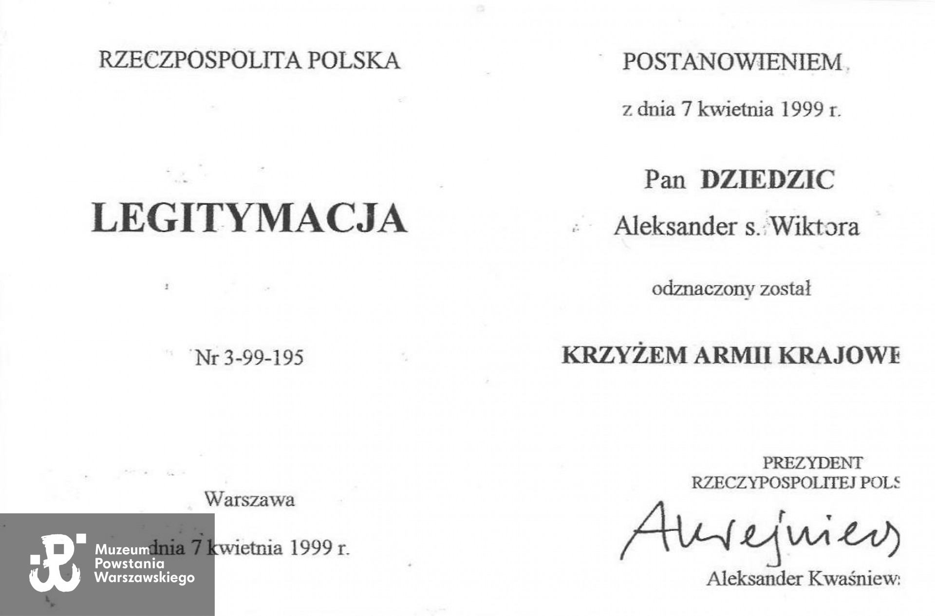 Legitymacja odznaczeniowa - Krzyż Armii Krajowej. Skan z kserokopii, materiały do Słownika Uczestników Powstania Warszawskiego - Pokój Kombatanta MPW