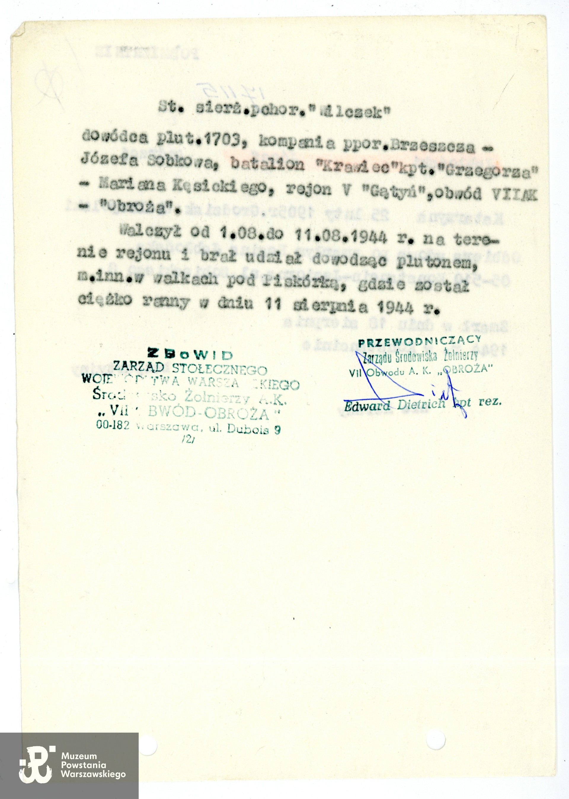 Muzeum Powstania Warszawskiego,  Teczki personalne uczestników Powstania Warszawskiego: kopia wniosku o odznaczenie pośmiertne Warszawskim Krzyżem Powstańczym