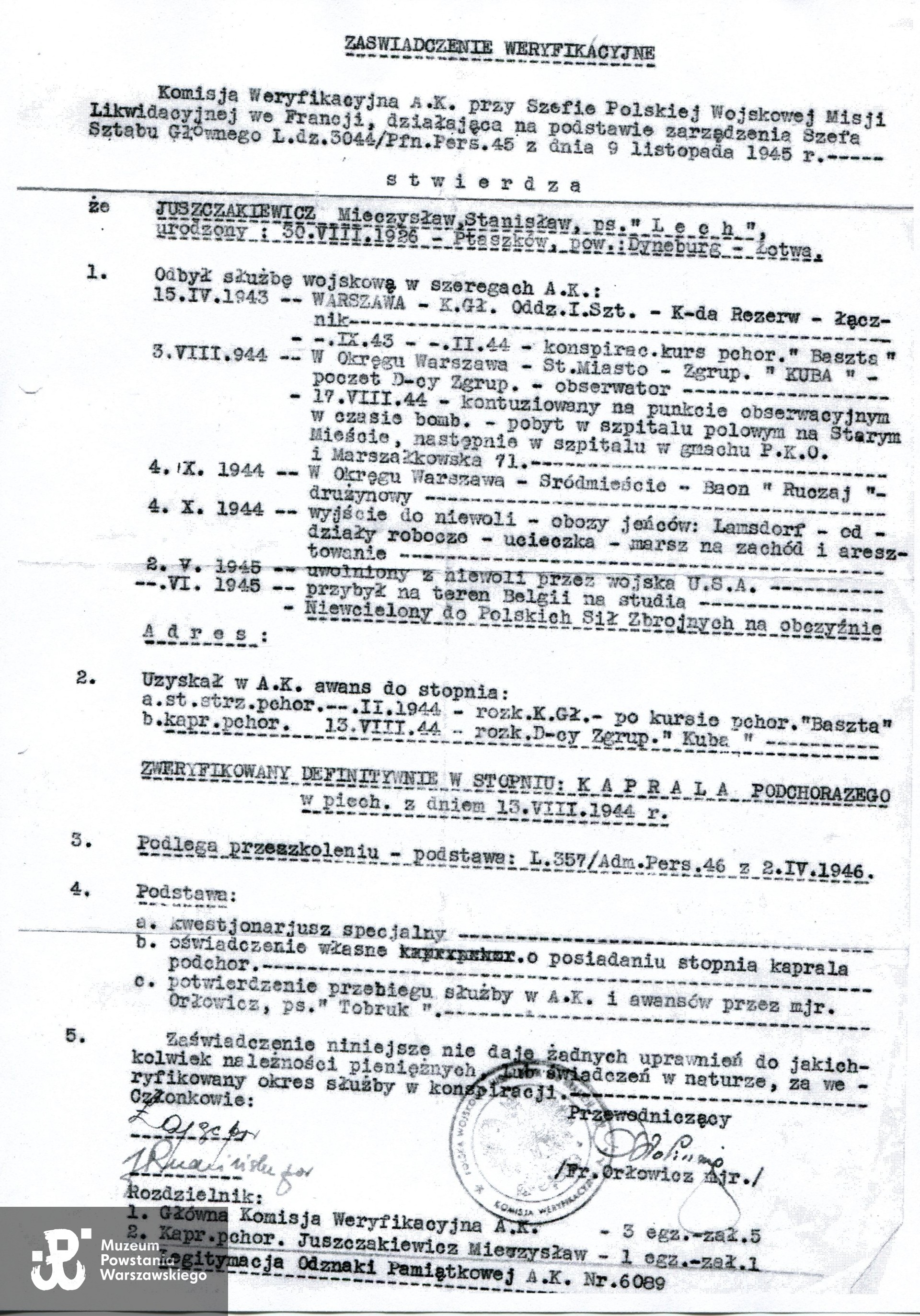 Kopia zaświadczenia weryfikacyjnego Komisji Weryfikacyjnej AK. W imieniu Powstańca skan udostępniła p. Danuta Juszczakiewicz