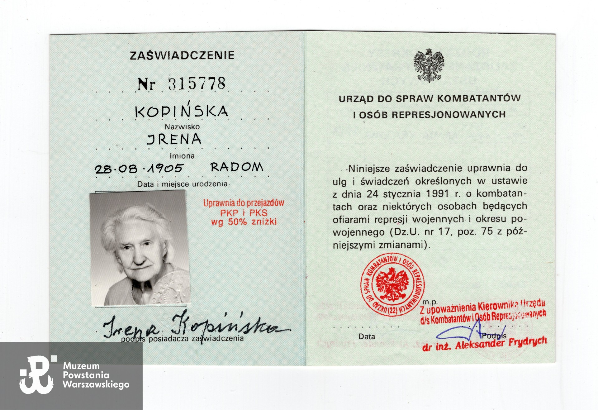 Legitymacja - zaświadczenie wydane przez Urząd ds Kombatantów i Osób Represjonowanych. Ze zbiorów rodzinnych p. Bożeny Teresy Sroczyńskiej