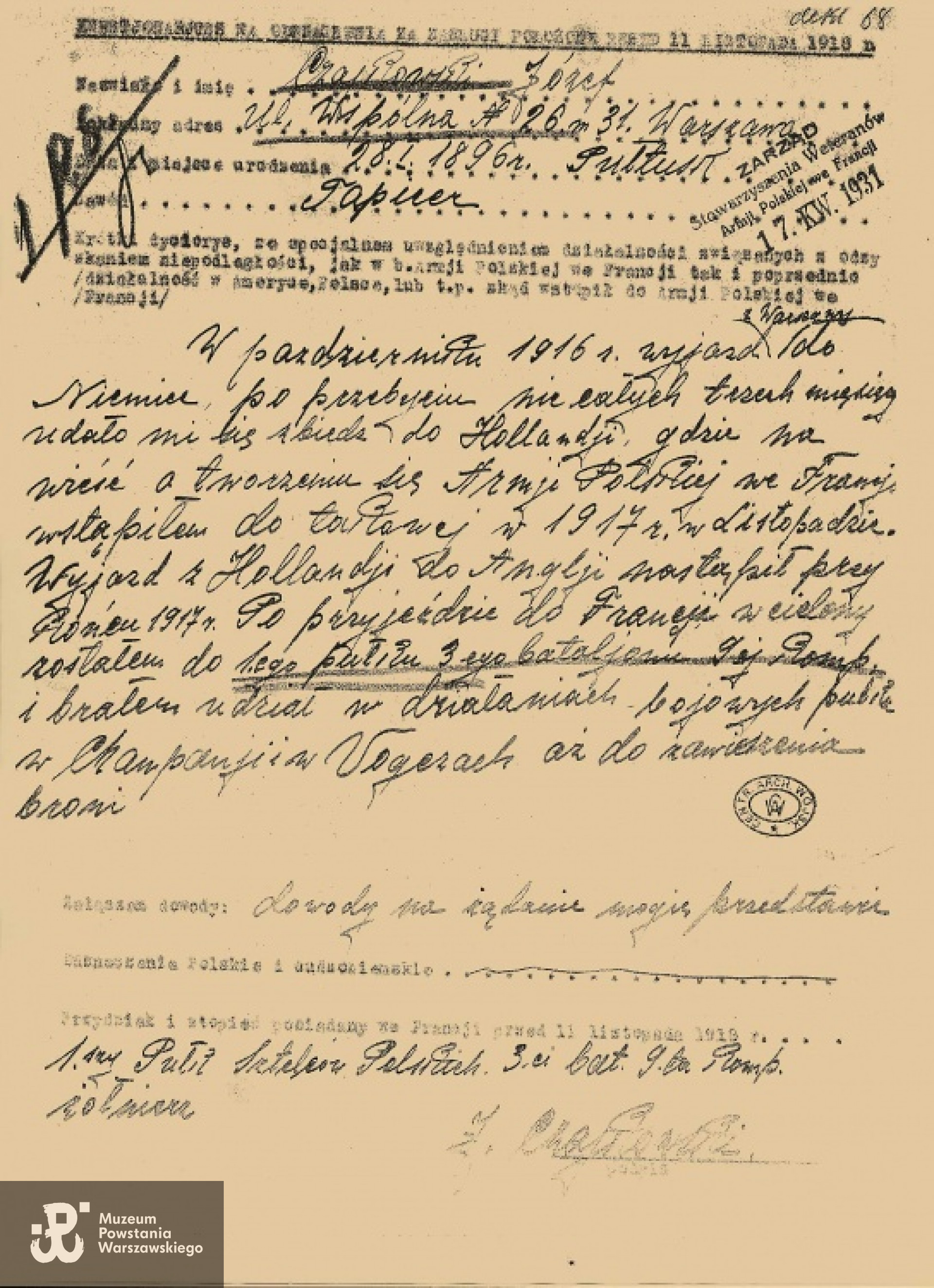 Kwestionariusz na odznaczenia za zasługi położone przed 11 listopada 1918 roku. Warszawa, 17.04.1931 r.